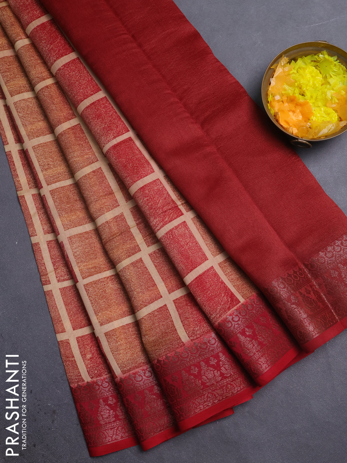 Chanderi silk cotton saree sandal and red with allover geometric prints and banarasi style border