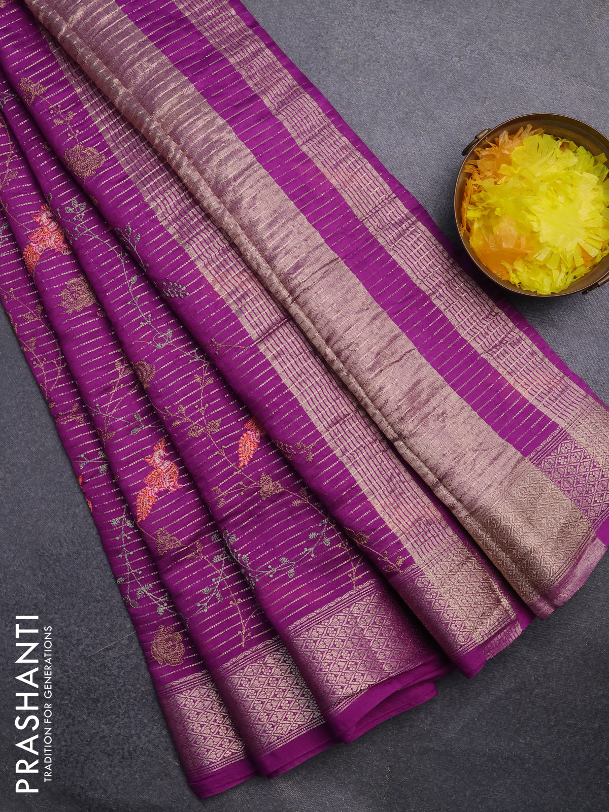 Assam silk saree purple with allover zari weaves & embroidery work and zari woven border