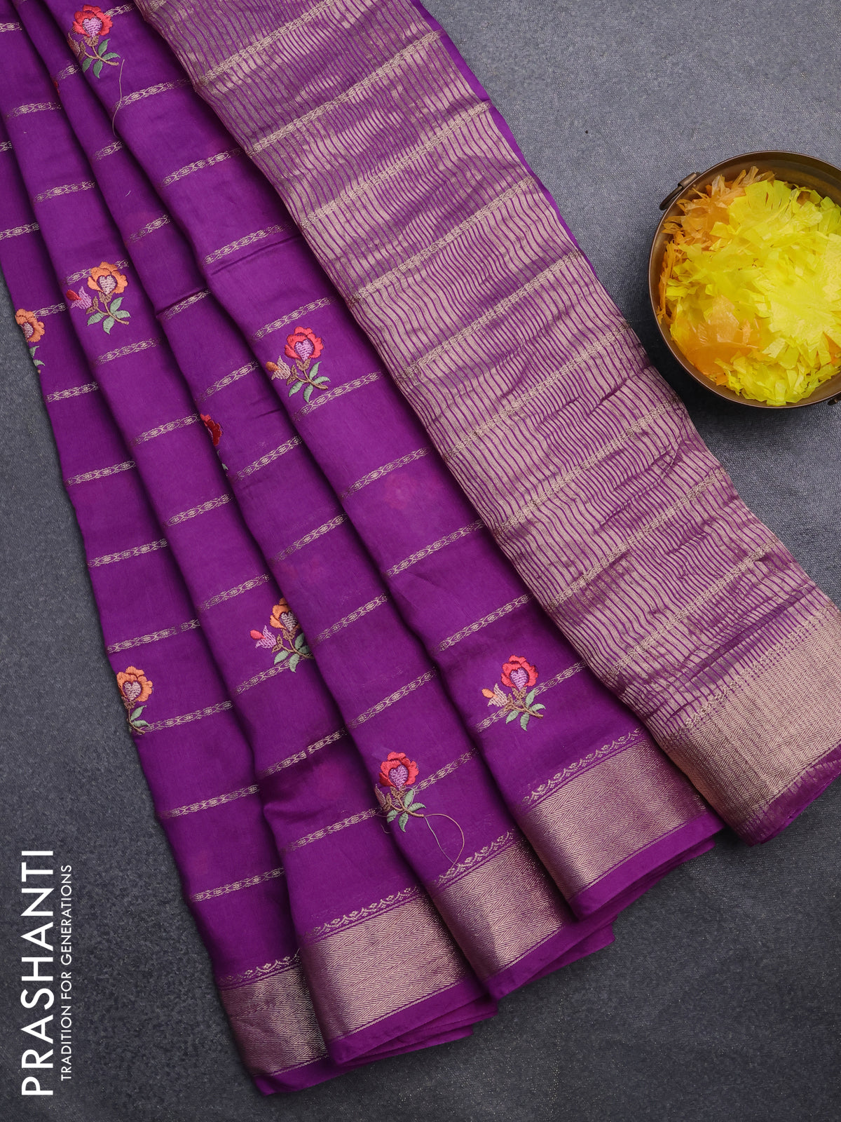 Assam silk saree purple with allover zari weaves & embroidery work buttas and zari woven border