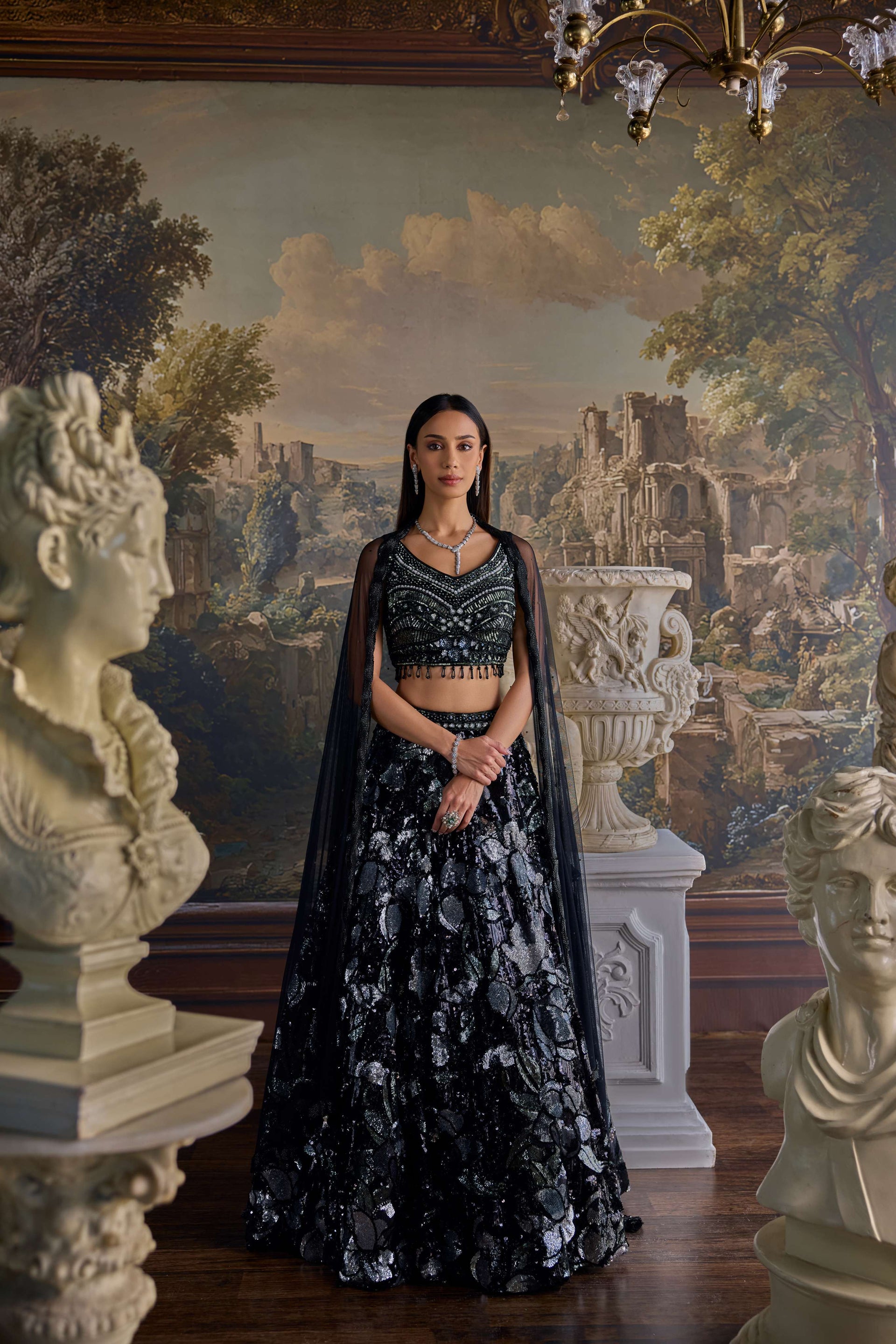 Black Net Sequins Work Ghagra Set