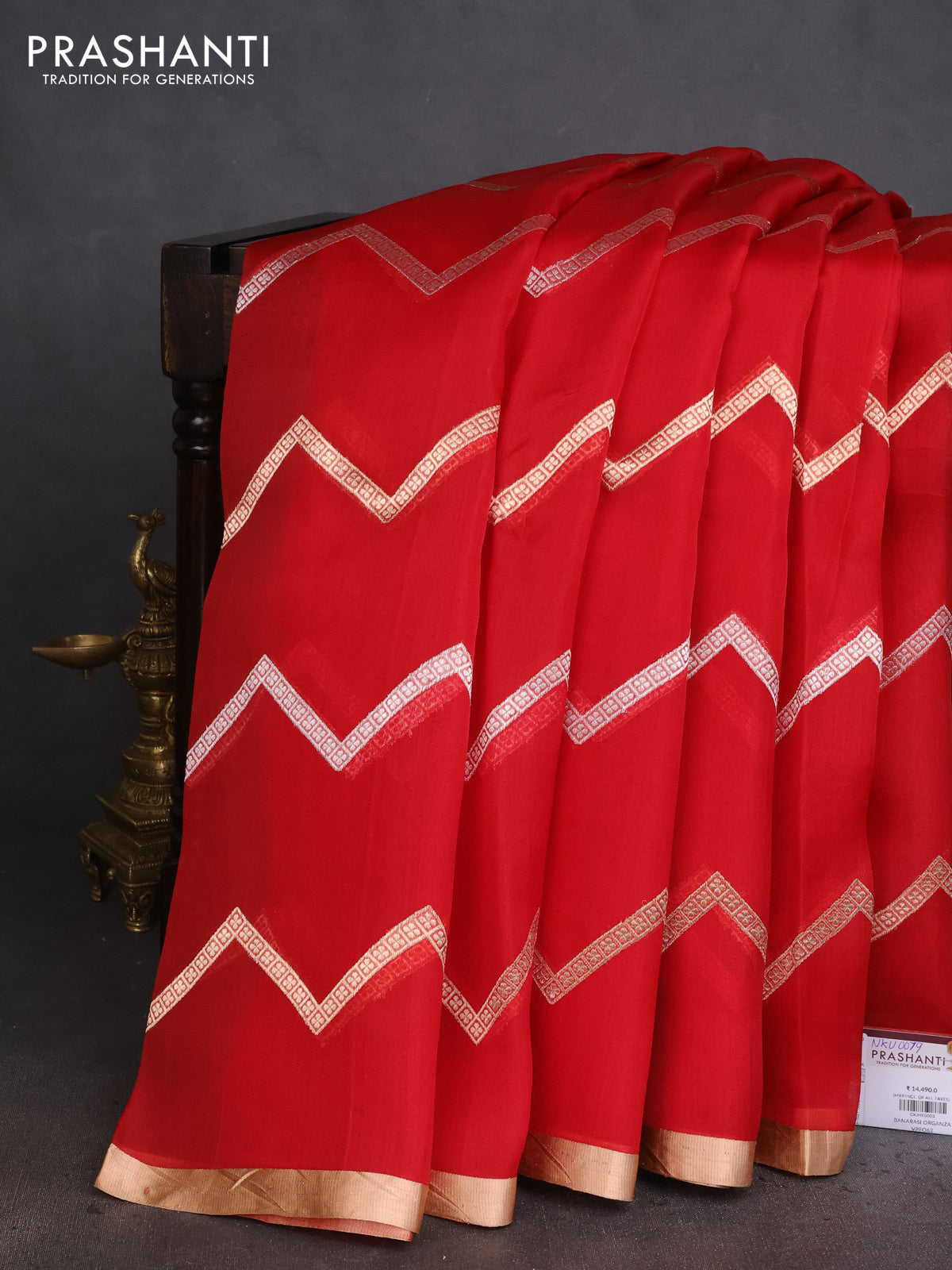 Banarasi organza silk saree red with silver & gold zig zag weaves and zari woven border