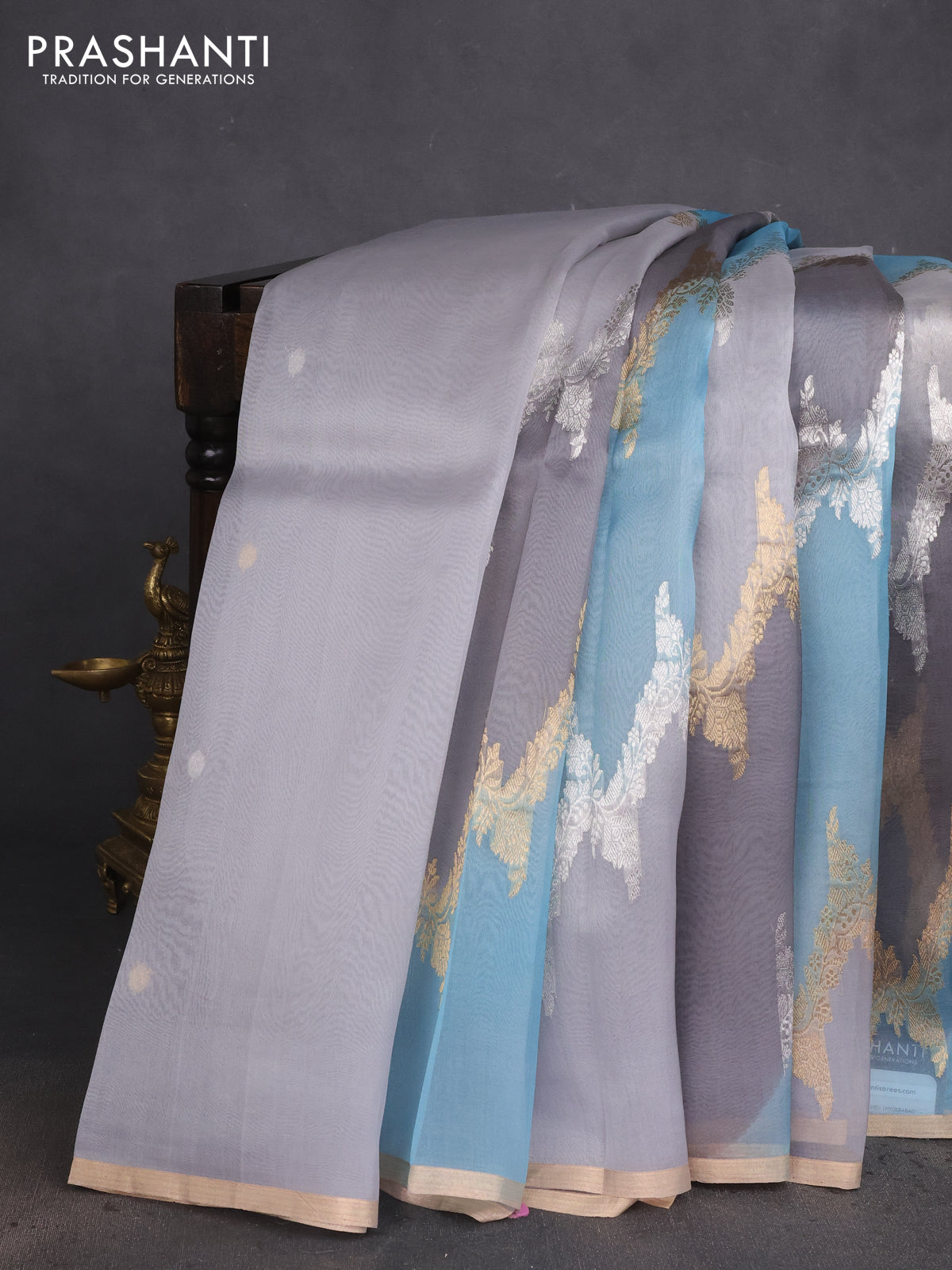 Banarasi organza silk saree grey and pastel blue with allover silver & gold zari weaves and zari woven piping boder