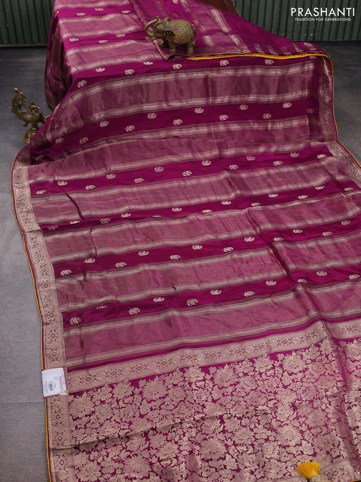 Banarasi silk saree purple and yellow with allover zari weaves and zari woven border
