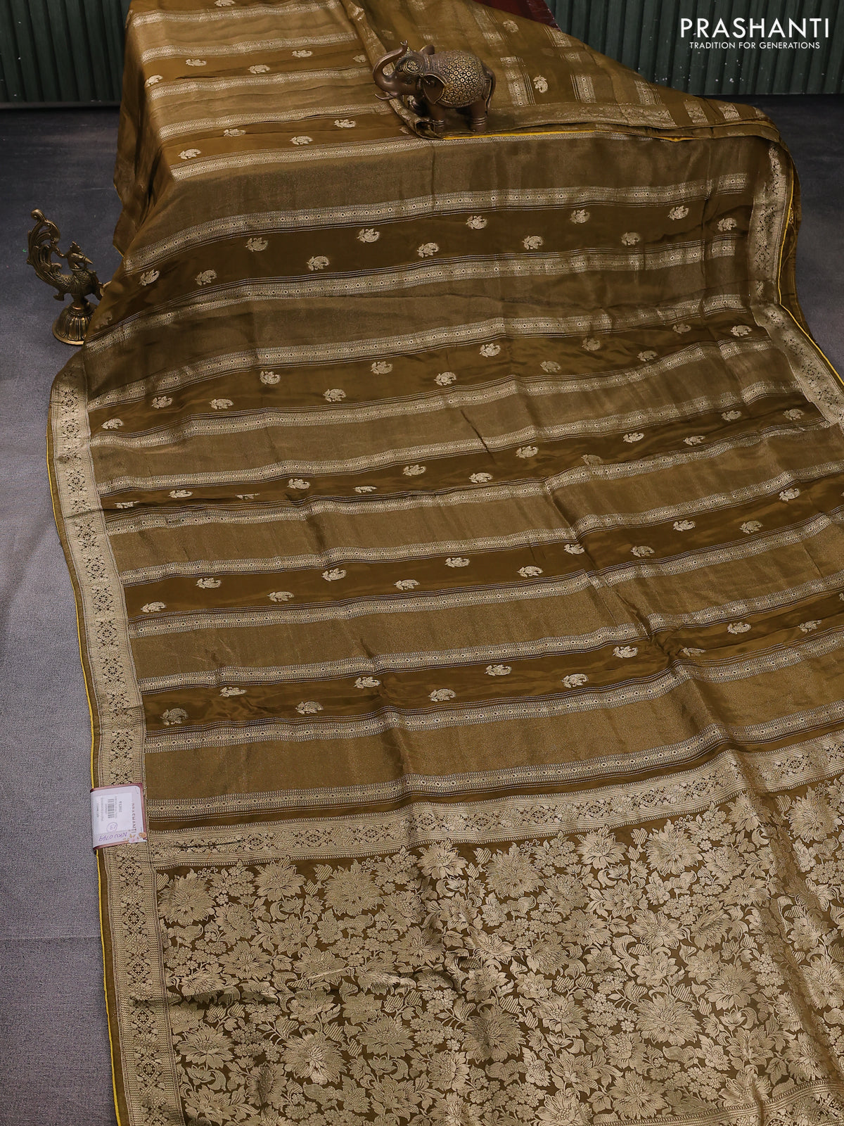 Banarasi silk saree dark mehendi green and yellow with allover zari weaves and zari woven border