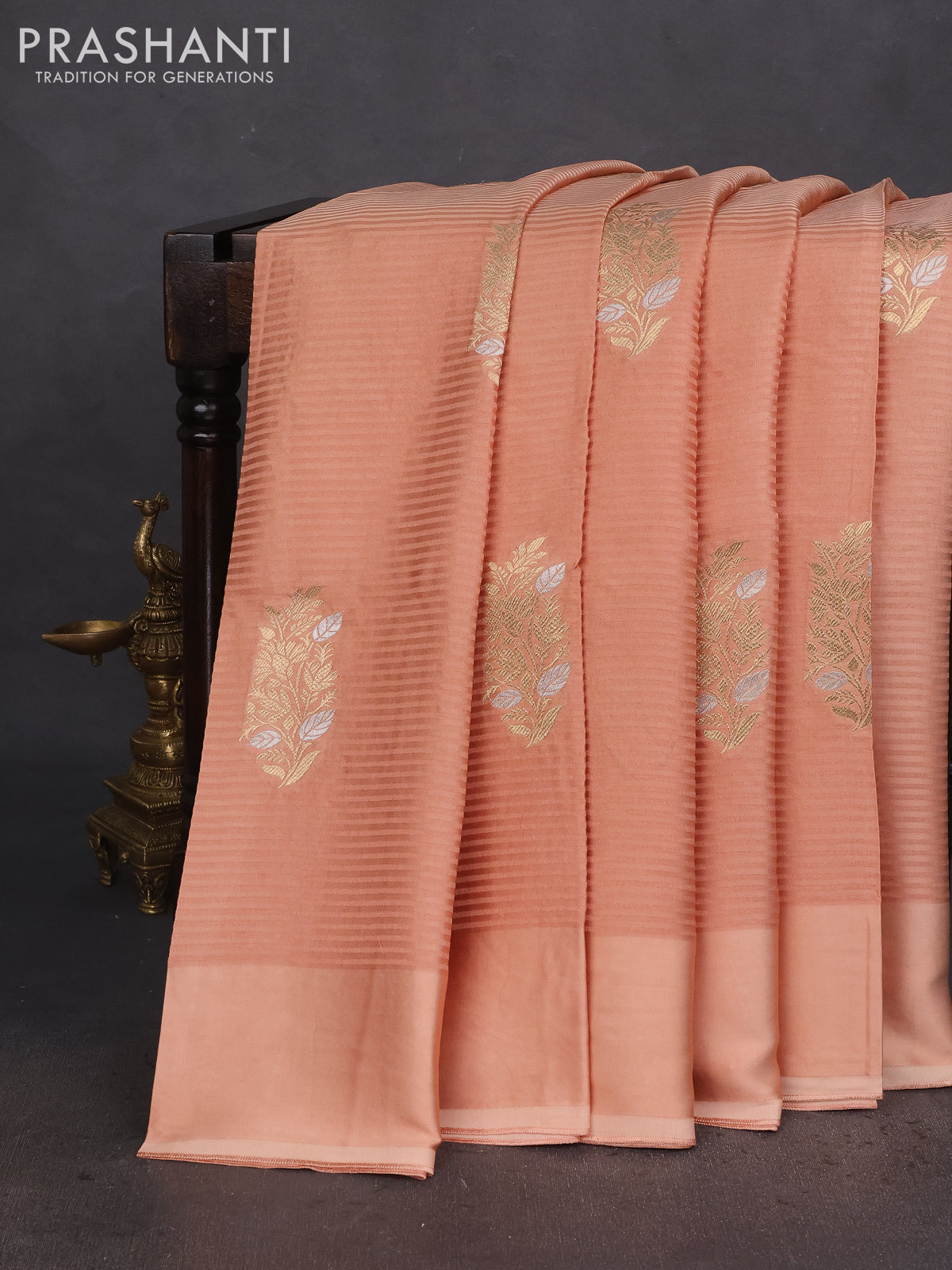 Banarasi mushru silk saree sandal with allover stripes pattern & zari weaves and satin border