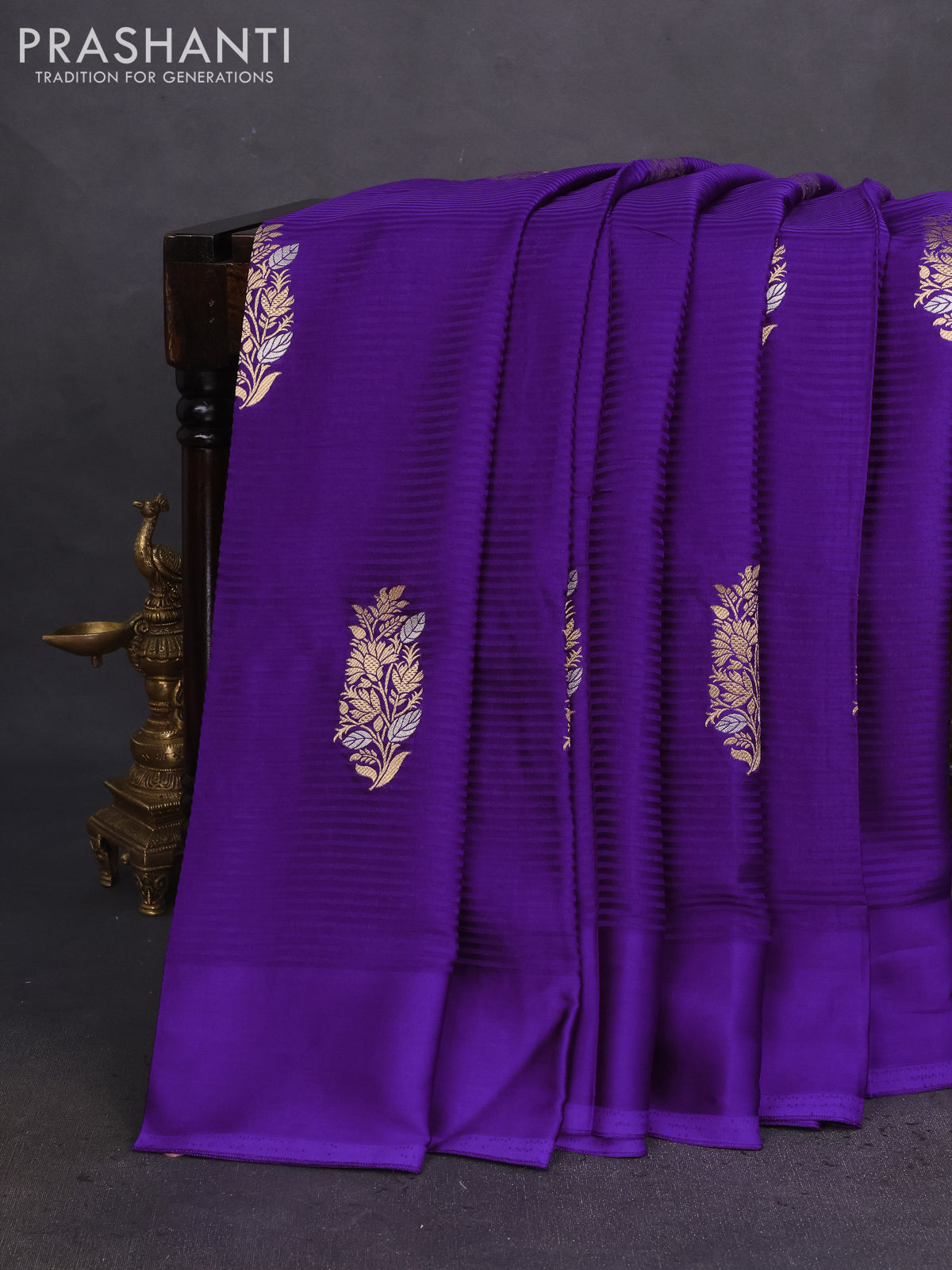 Banarasi mushru silk saree violet with allover stripes pattern & zari weaves and satin border
