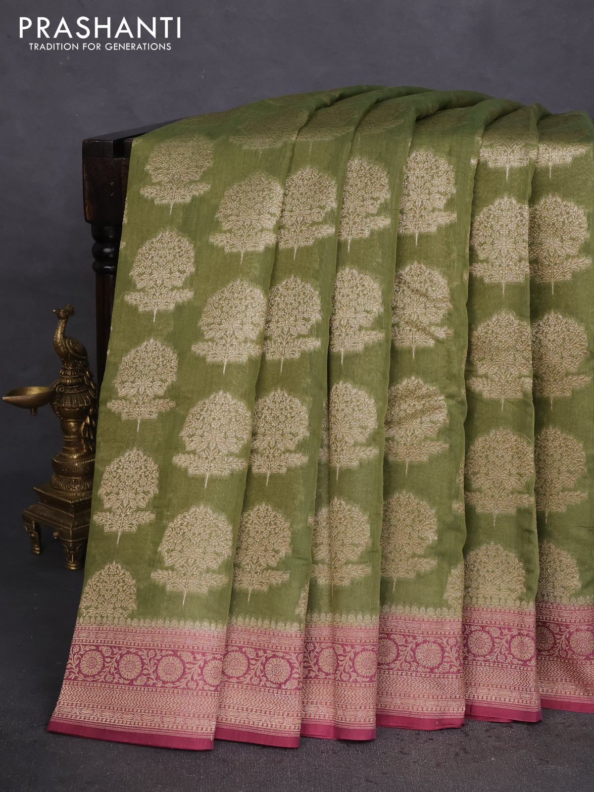 Banarasi silk cotton saree green and mauve pink with allover thread & zari woven butta weaves and woven border