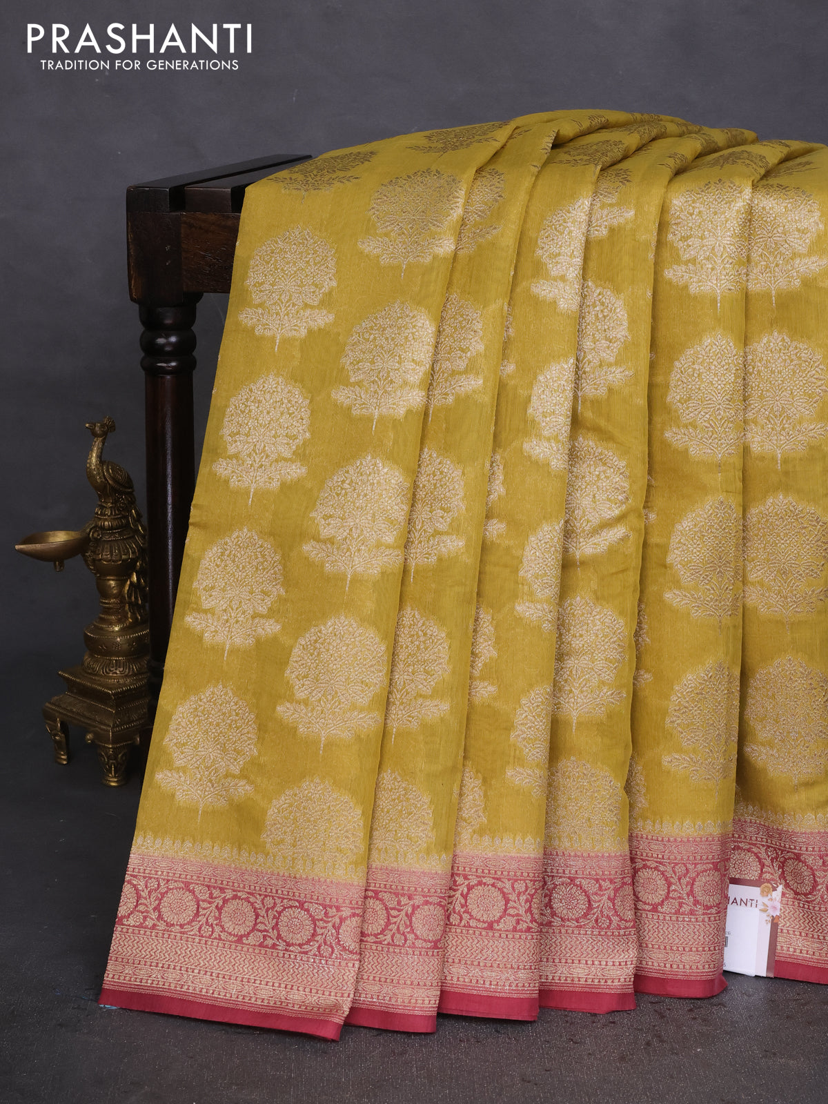 Banarasi silk cotton saree mustard yellow and pastel maroon with allover thread & zari woven butta weaves and woven border