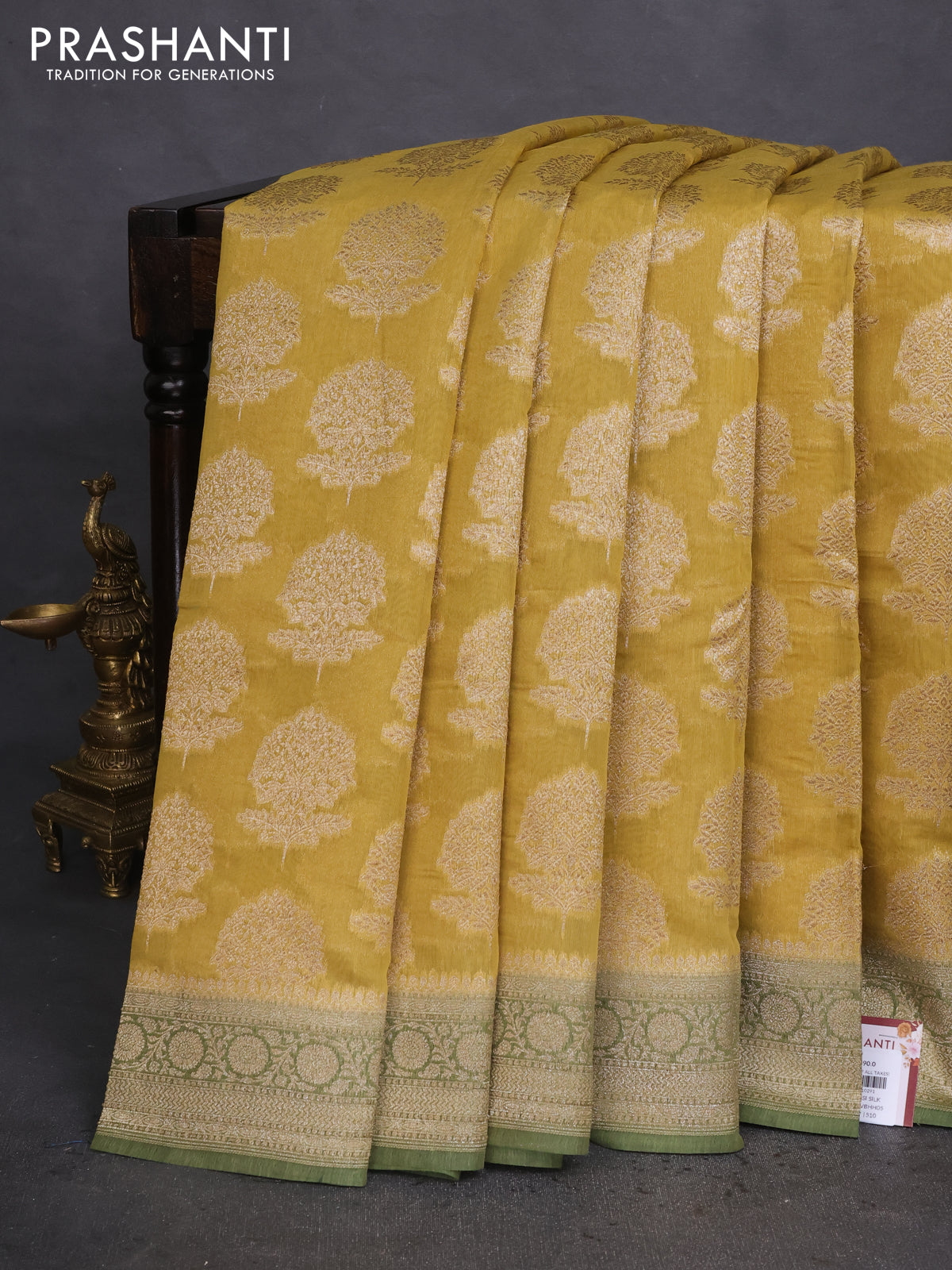 Banarasi silk cotton saree yellow shade and green with allover thread & zari woven butta weaves and woven border
