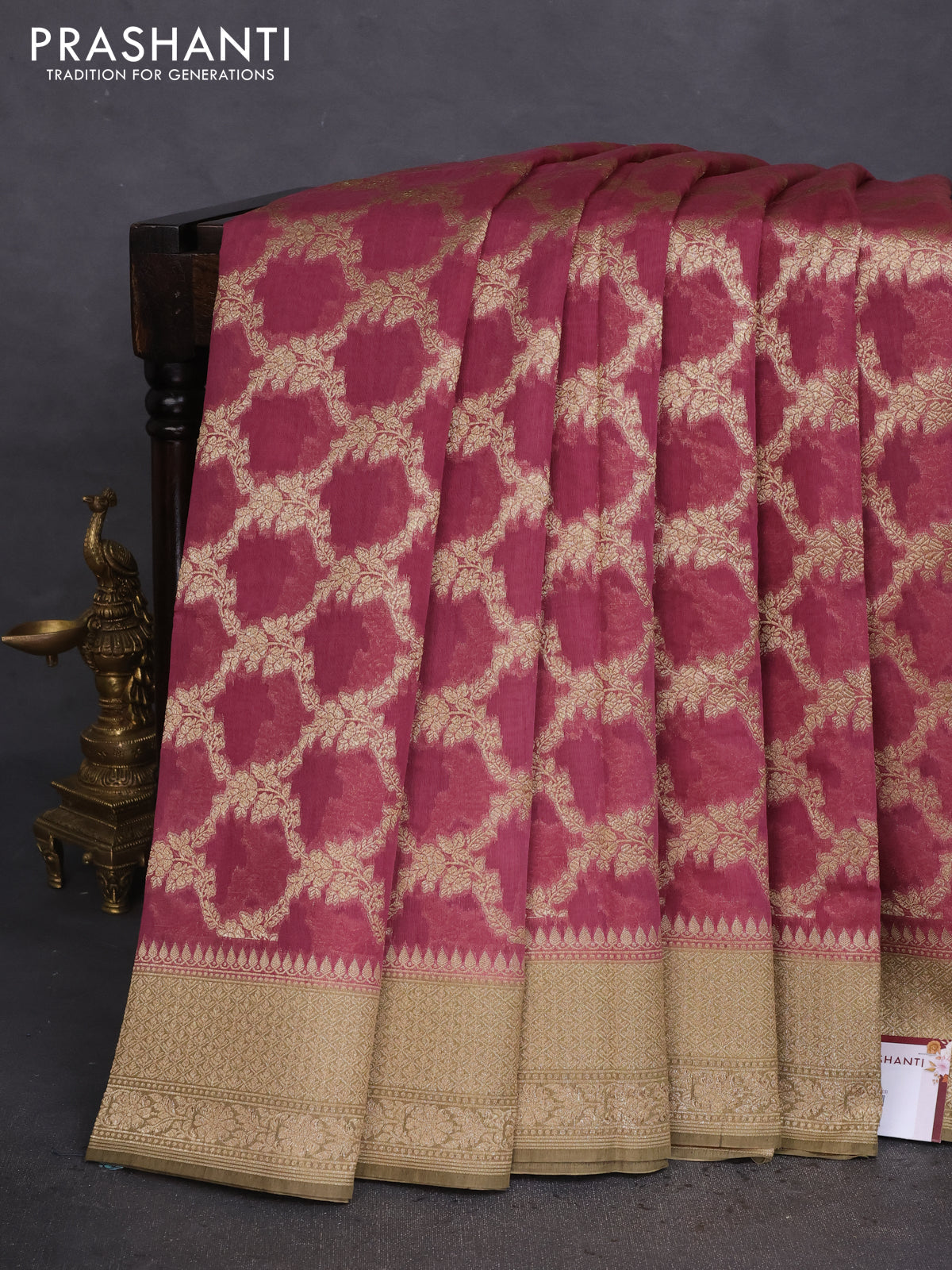 Banarasi silk cotton saree mauve pink and elaichi green with allover thread & zari weaves and woven border