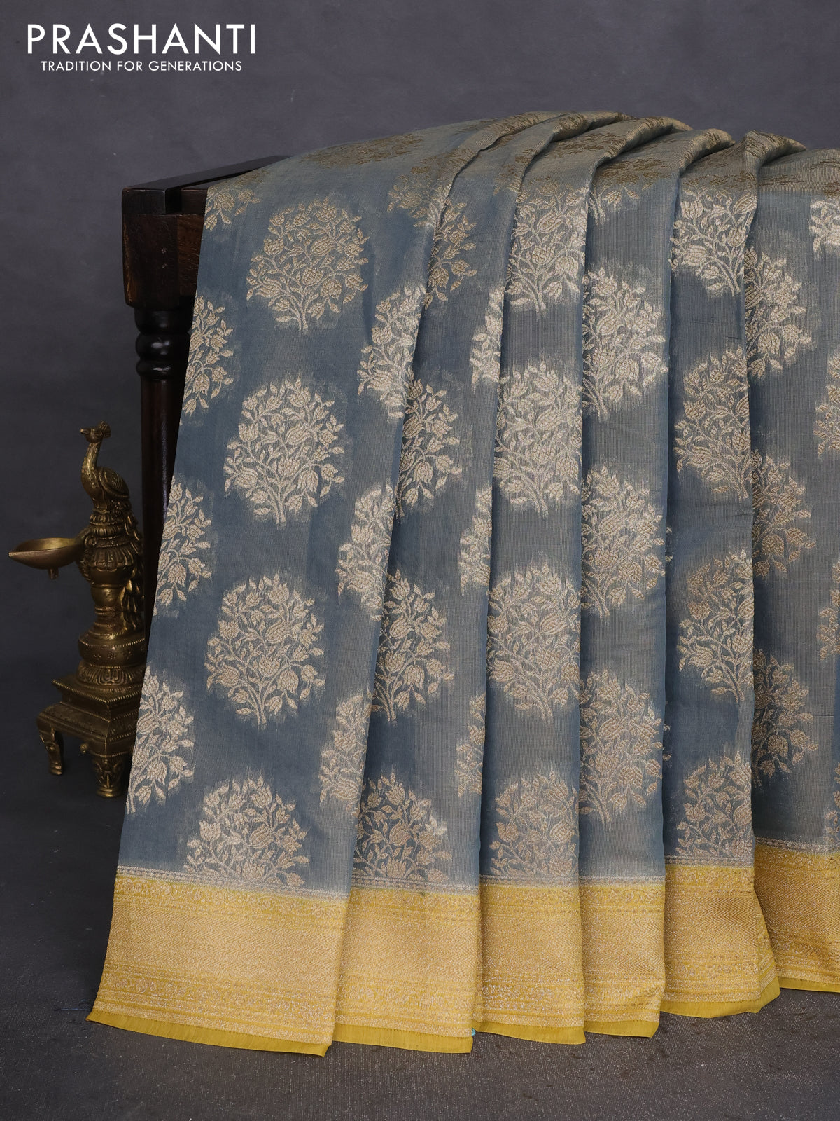 Banarasi tissue silk cotton saree grey and mustard yellow with allover thread & zari woven butta weaves and woven border