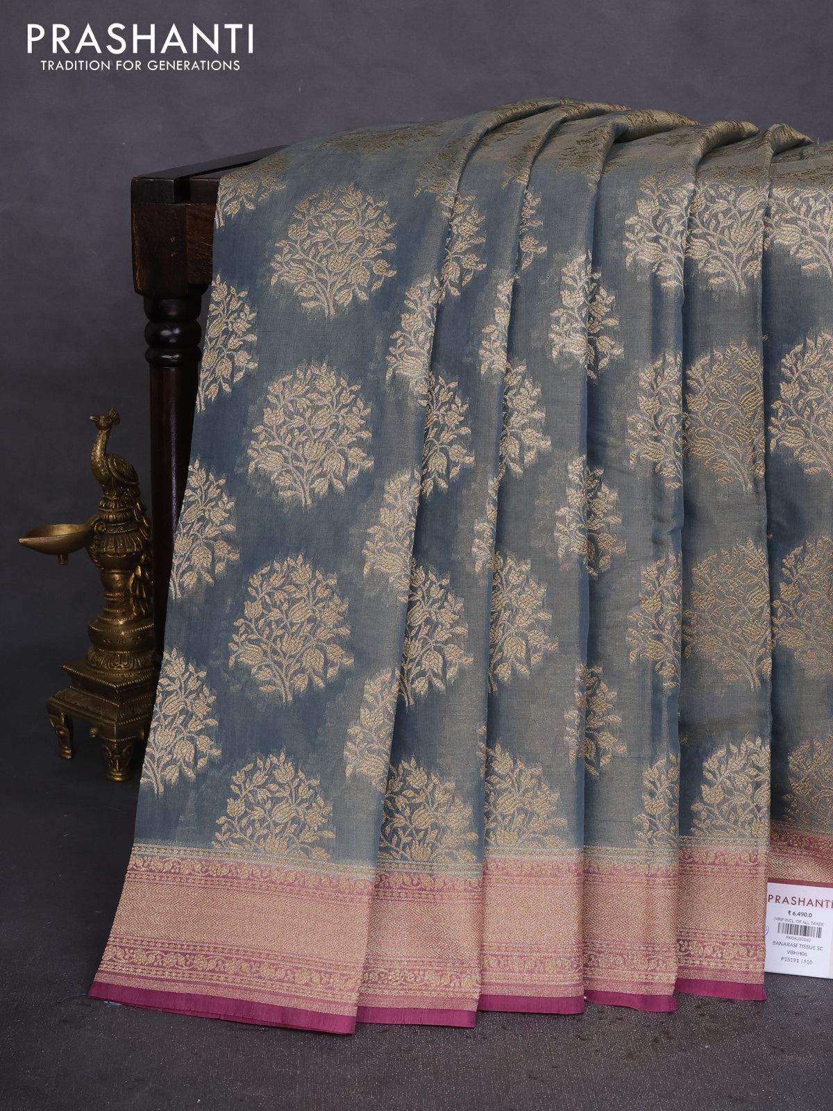 Banarasi tissue silk cotton saree grey and wine shade with allover thread & zari woven butta weaves and woven border