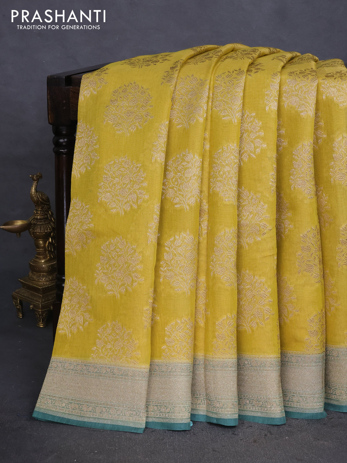 Banarasi tissue silk cotton saree mustard yellow and pastel green with allover thread & zari woven butta weaves and woven border