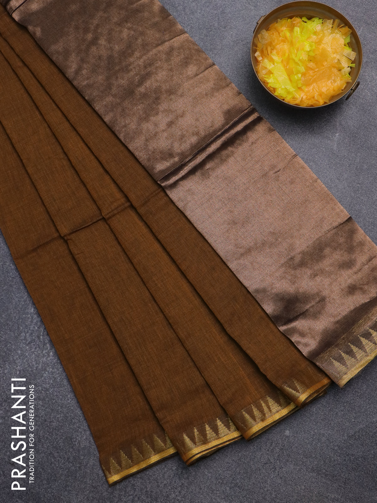 Bengal soft cotton saree dark msutard with plain body and temple design zari woven border