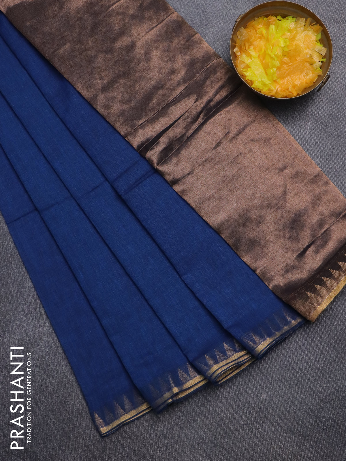 Bengal soft cotton saree cs blue with plain body and temple design zari woven border