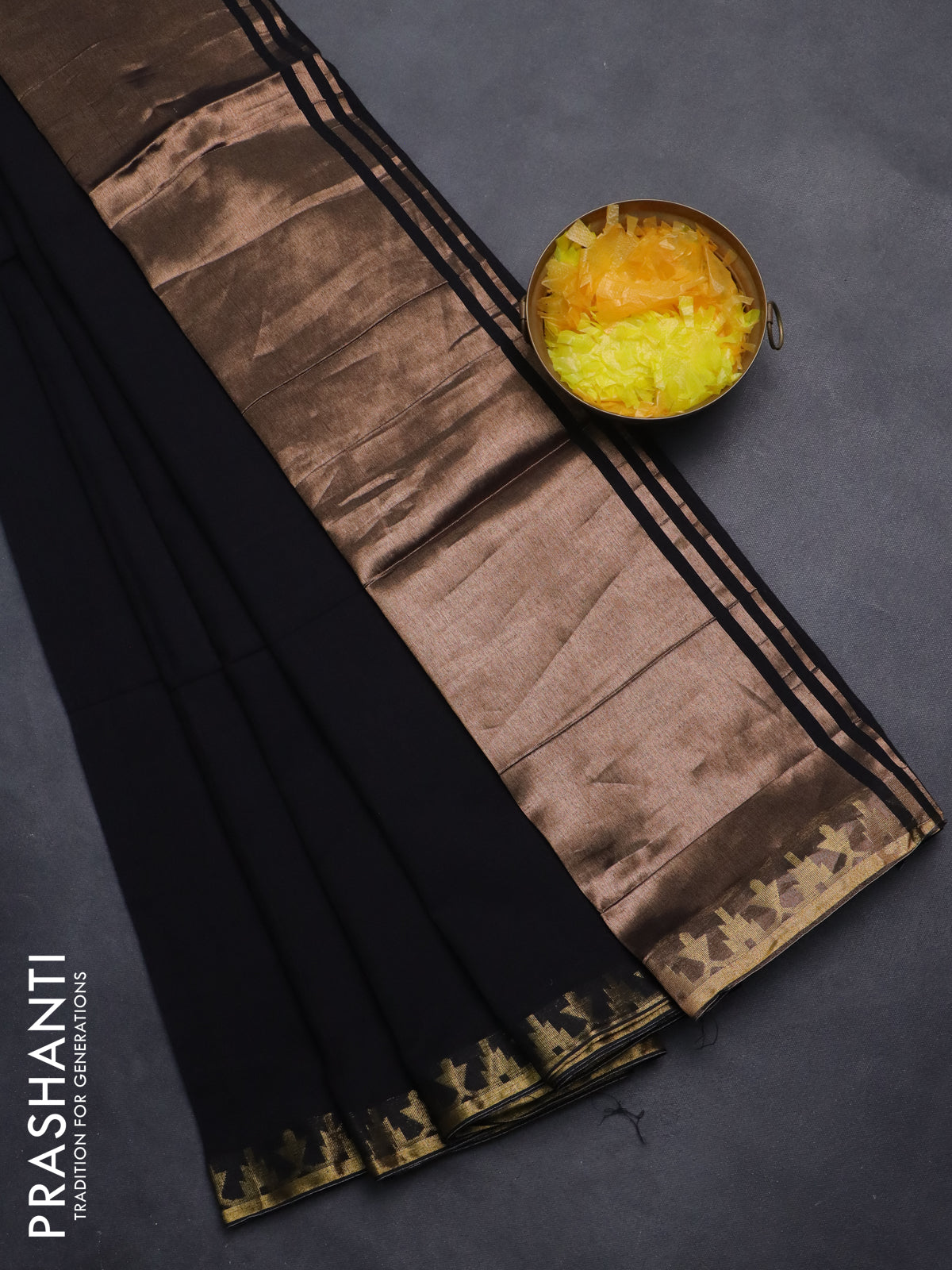 Bengal soft cotton saree black with plain body and zari woven border