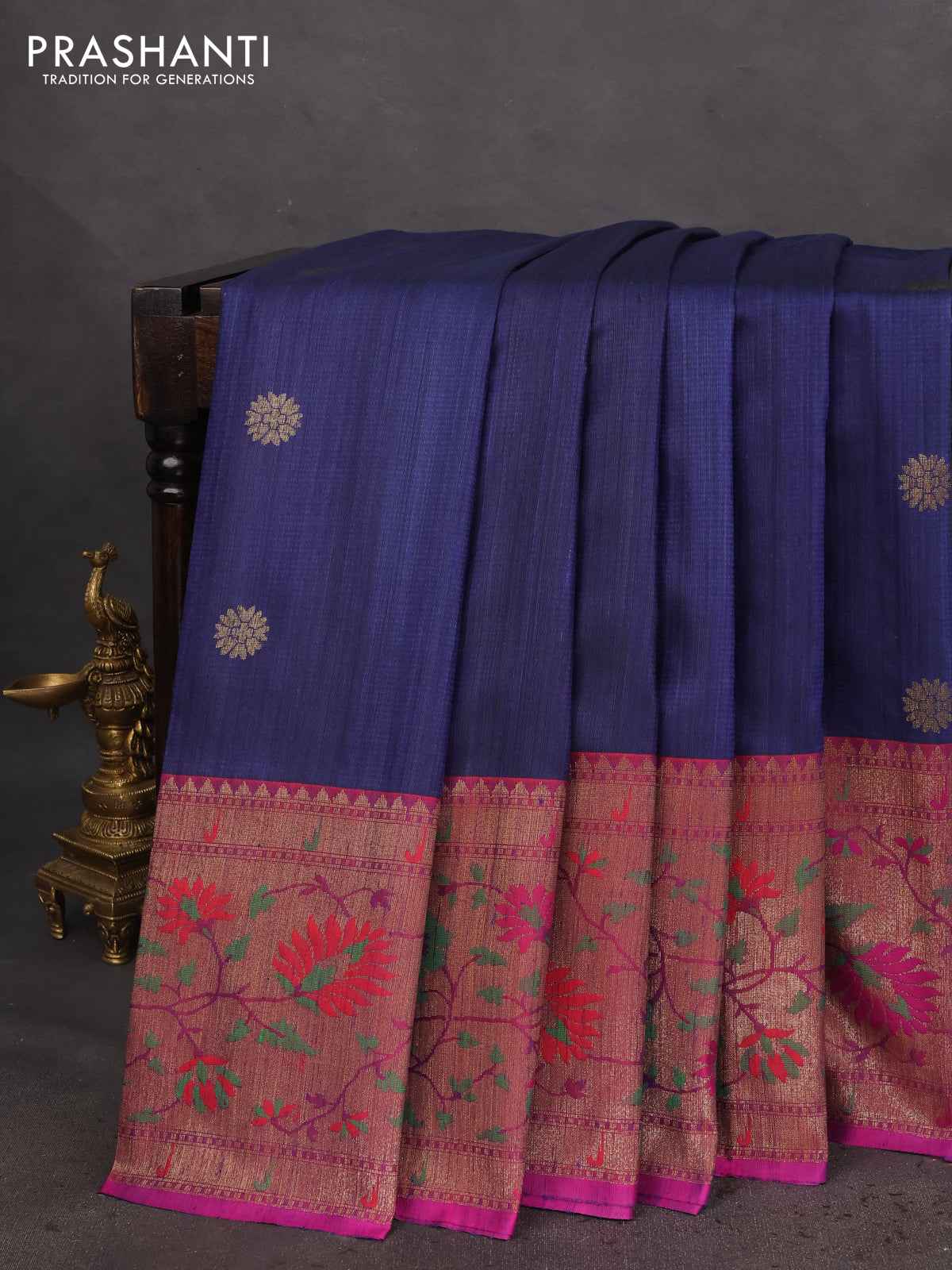 Banarasi handloom dupion silk saree dark blue and purple with thread & zari woven buttas and long rich floral design zari border