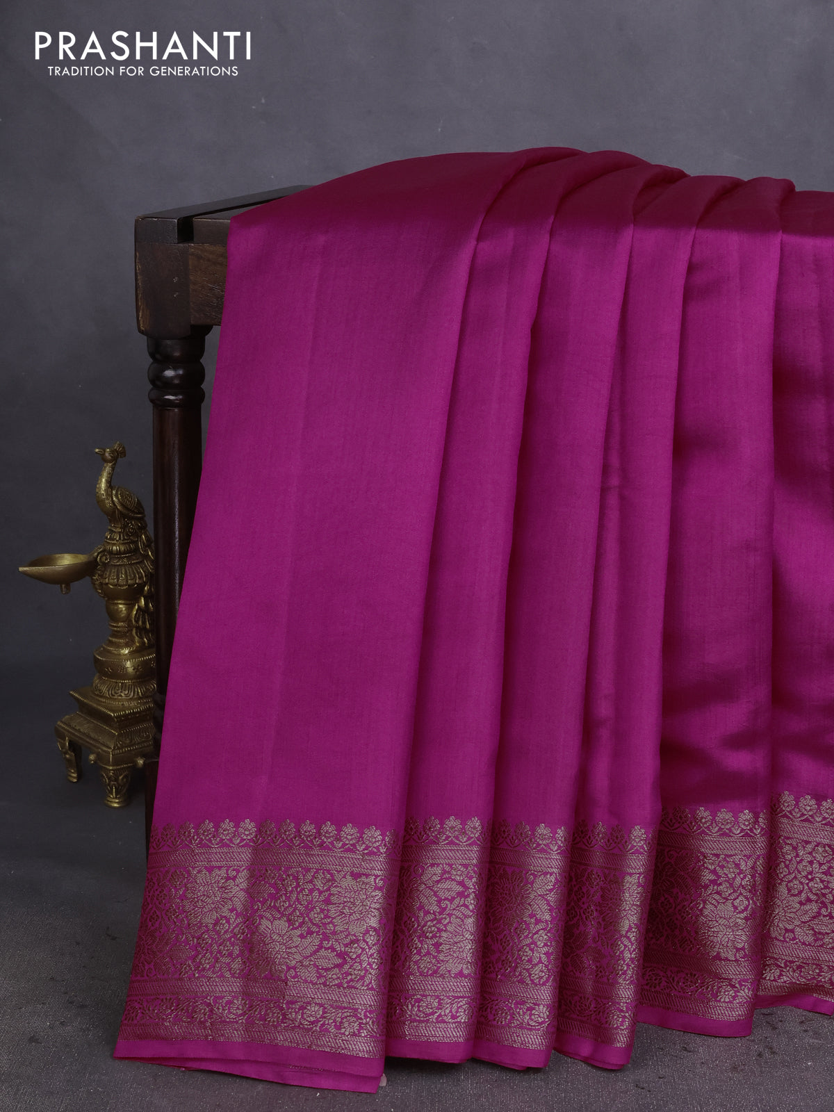 Chiniya silk saree pink and deep jamun with plain body and woven border