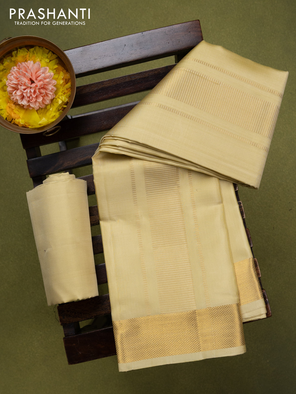 9x5 Pure silk dhoti and matching shirt bit gold with zari woven border