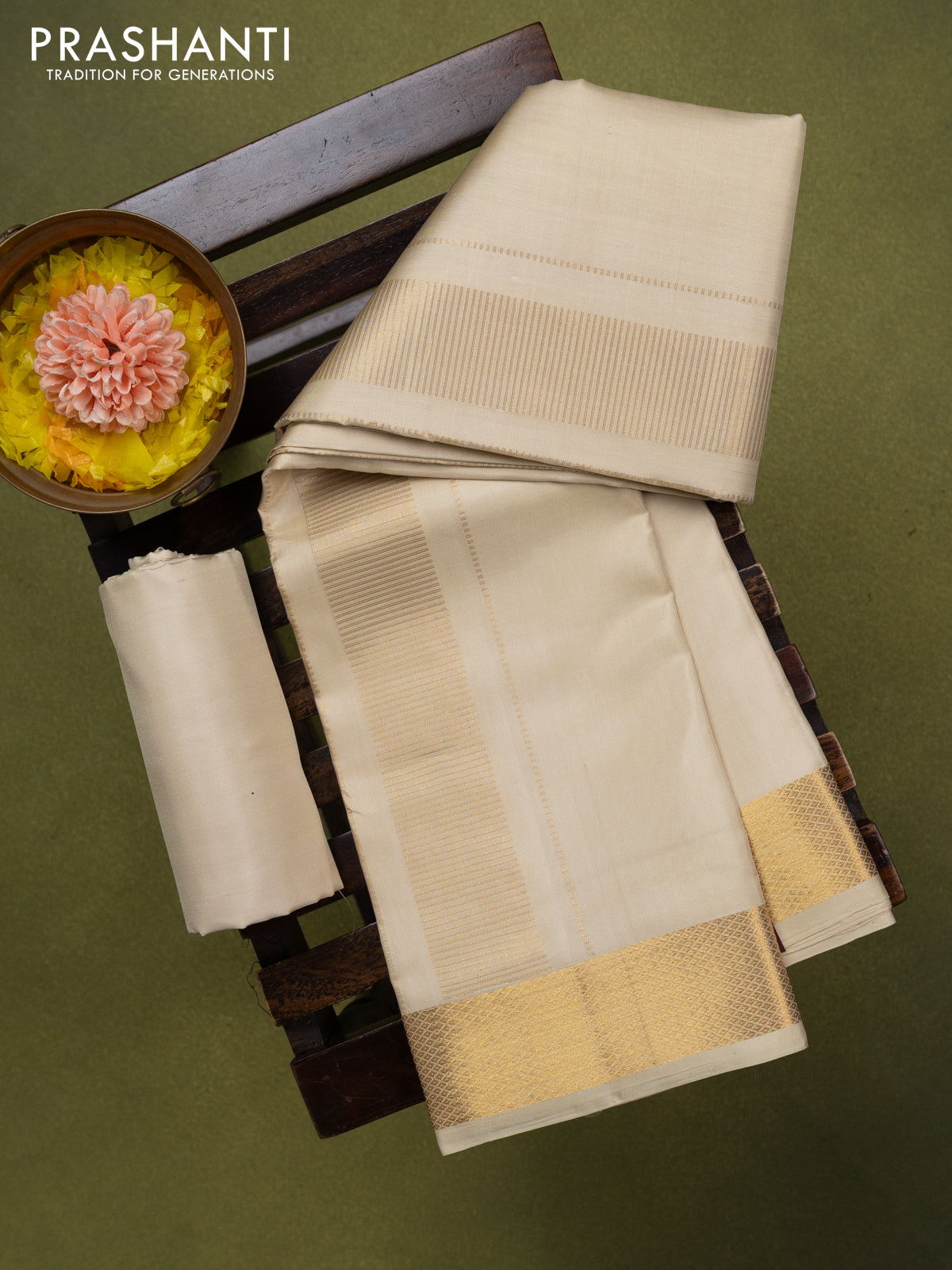 9x5 Pure silk dhoti and matching shirt bit cream with zari woven border