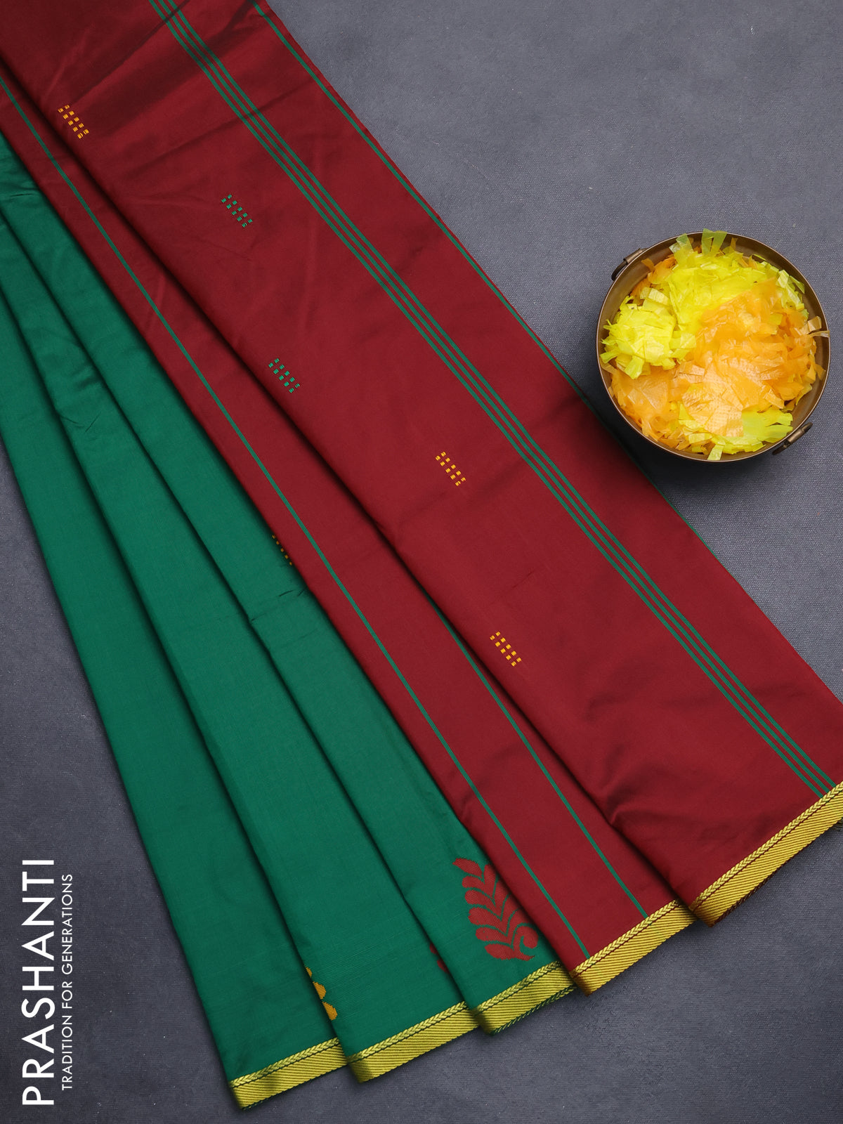 Arani semi silk saree green and maroon with thread woven buttas and piping border