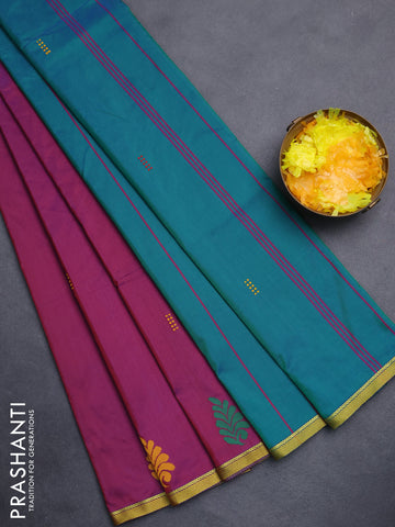 Arani semi silk saree dual shade of maroonish purple and green with thread woven buttas and piping border