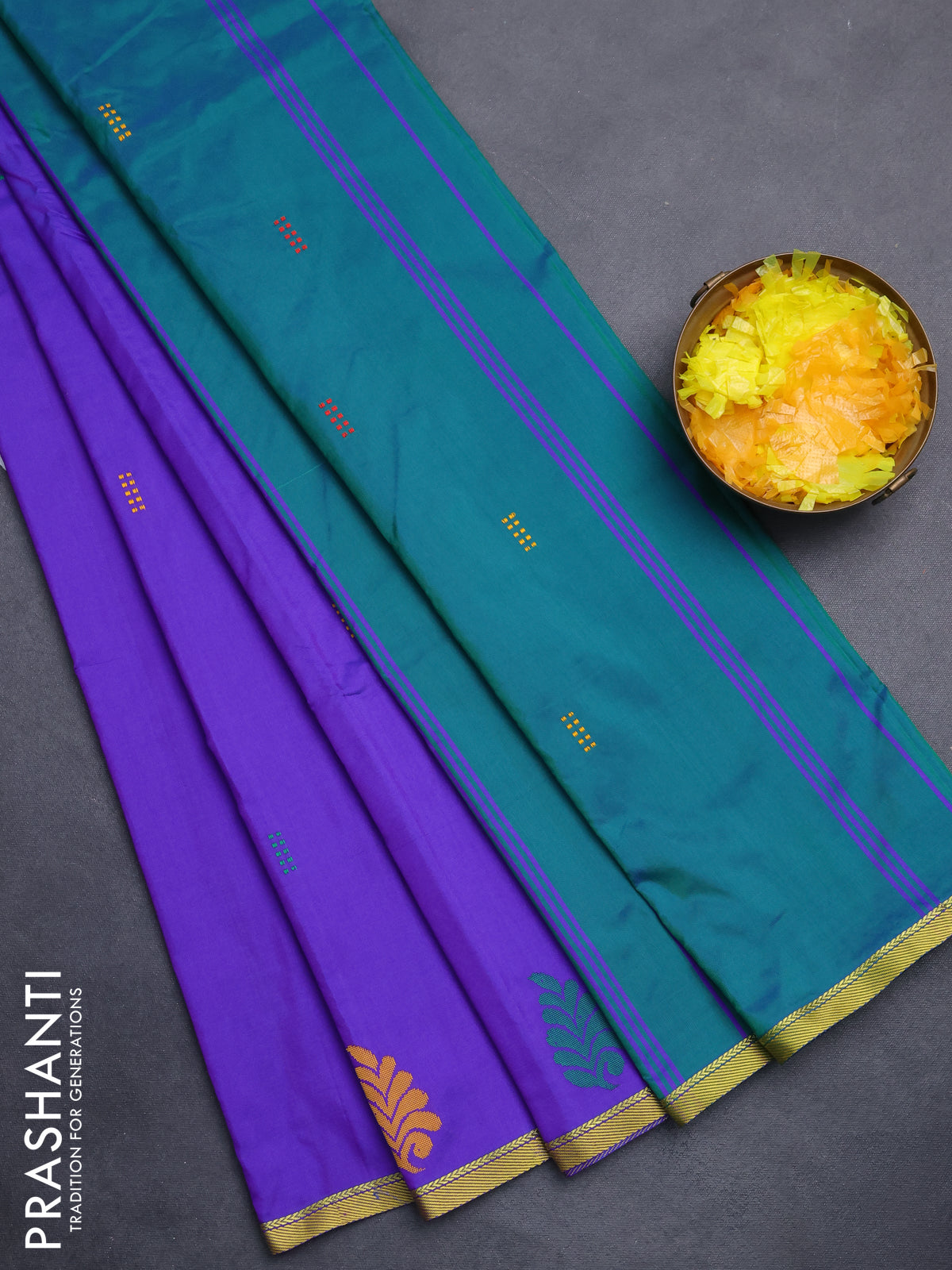 Arani semi silk saree dual shade of violet and dual shade of green with thread woven buttas and piping border