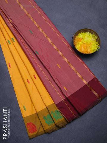 Arani semi silk saree mango yellow and maroon with thread woven buttas and thread woven butta border