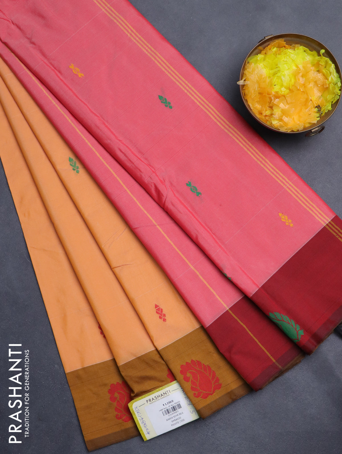 Arani semi silk saree pale orange and dark mustard with thread woven buttas and thread woven butta border