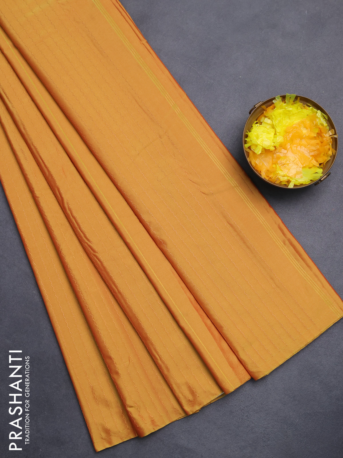 Arani semi silk saree mustard yellow with allover copper zari weaves in borderless style
