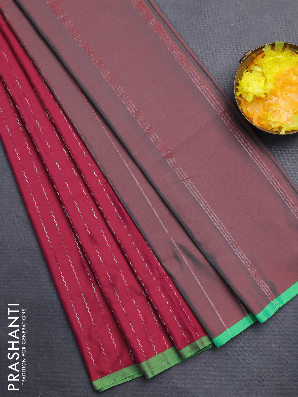 Arani semi silk saree dark magenta pink and green with allover silver zari weaves and piping border