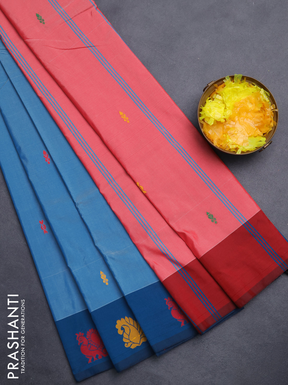 Arani semi silk saree blue shade and dual shade of maroon with thread woven buttas and thread woven butta border