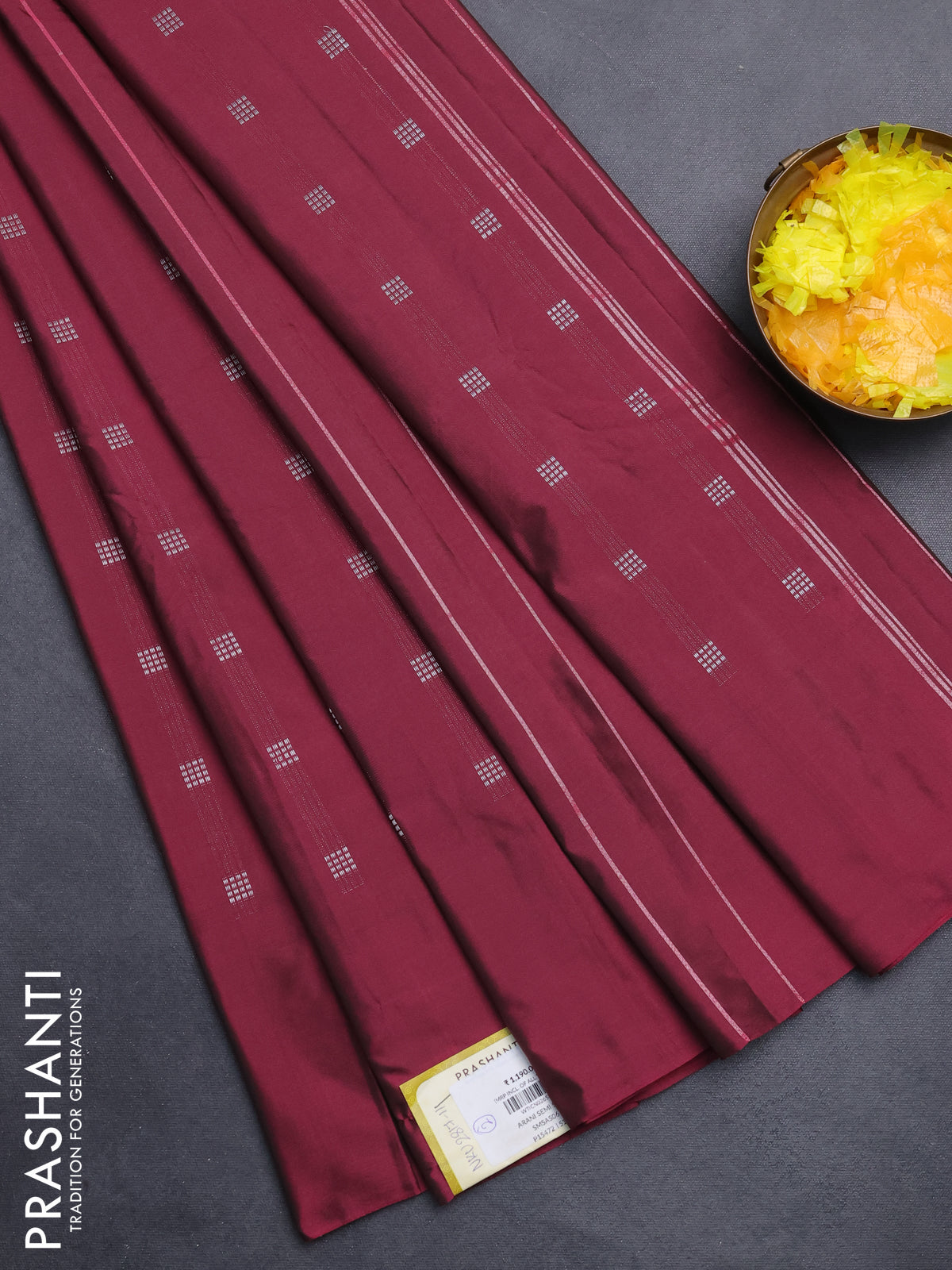 Arani semi silk saree dark magenta pink with silver zari woven buttas in borderless style