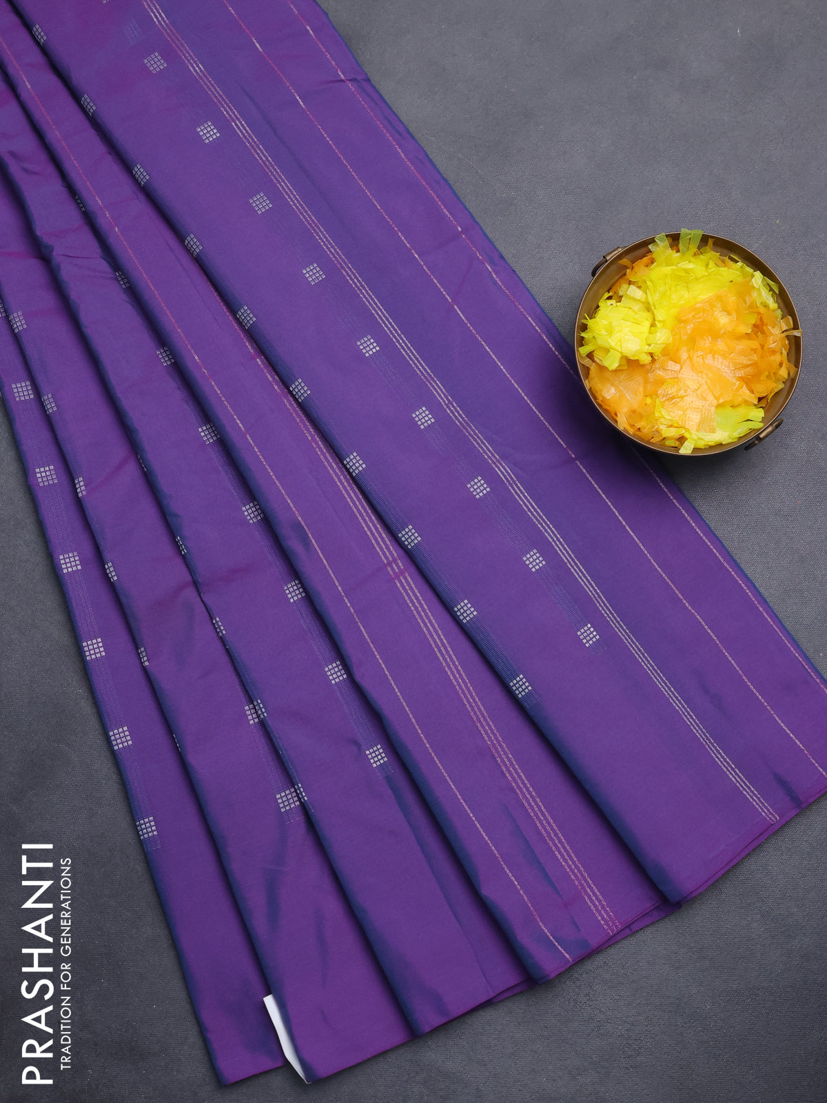 Arani semi silk saree dual shade of purple with silver zari woven buttas in borderless style