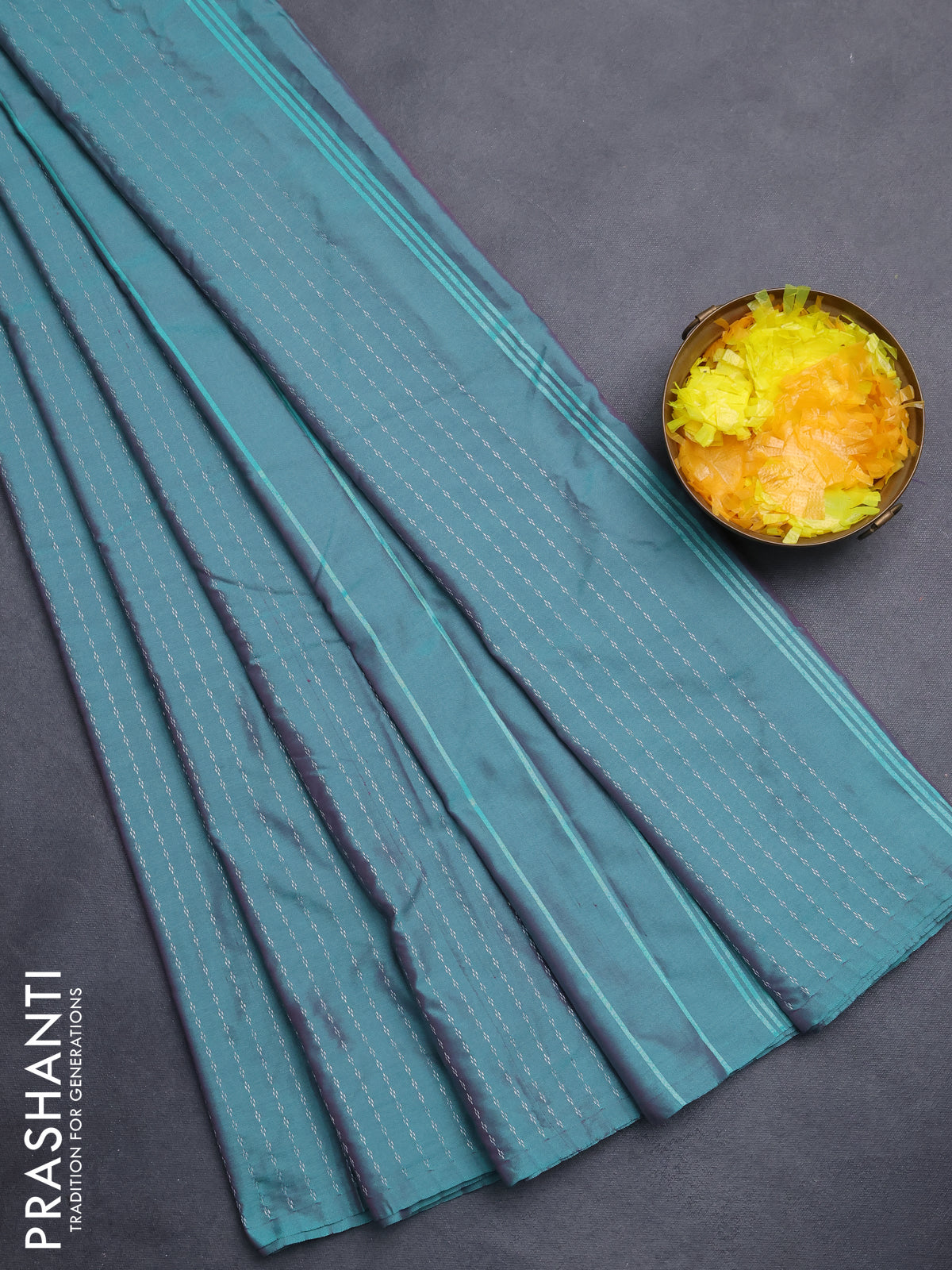 Arani semi silk saree dual shade of teal green with allover silver zari weaves in borderless style