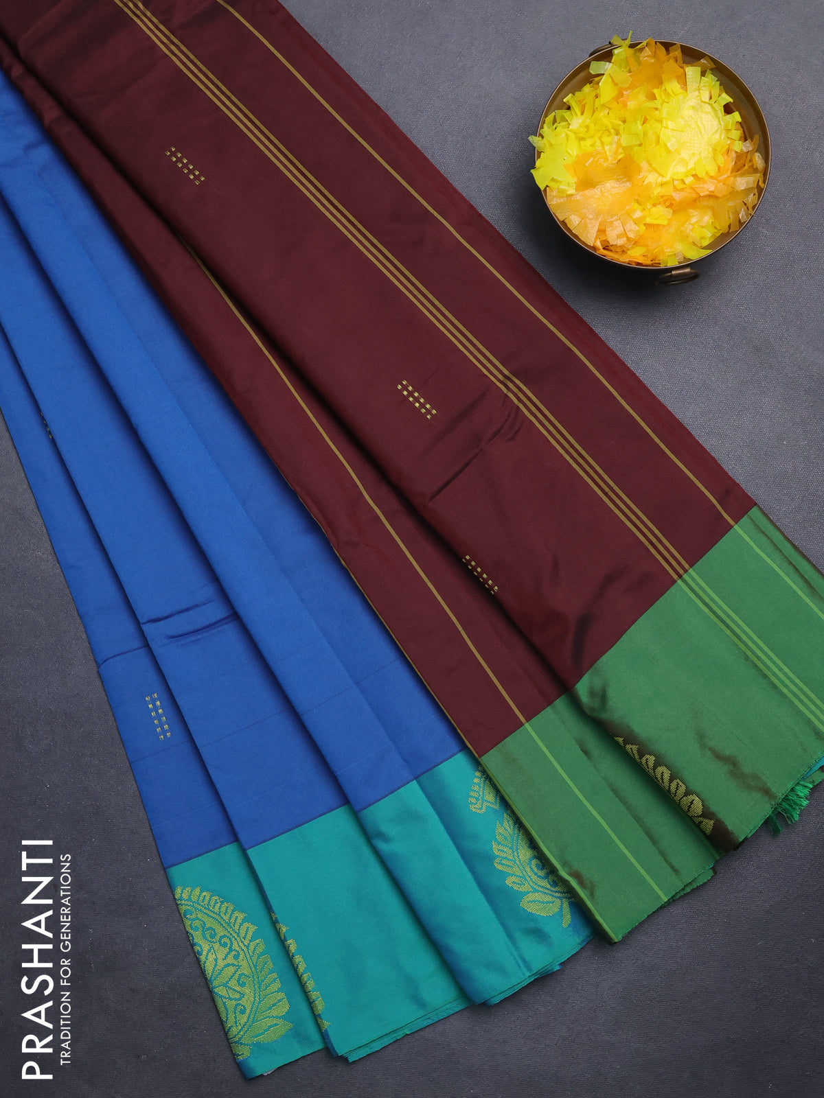 Arani semi silk saree blue and teal green with zari woven buttas and paisley zari woven butta border