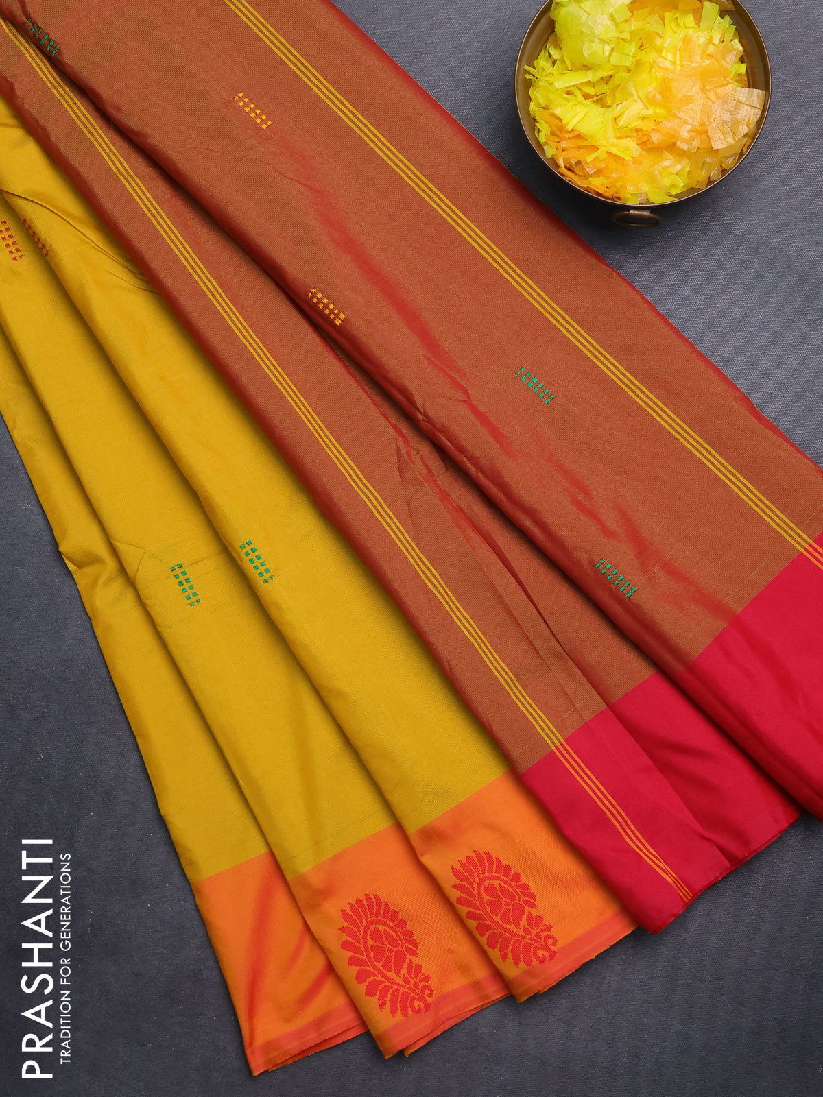 Arani semi silk saree yellow and pink with thread woven buttas and thread woven butta border