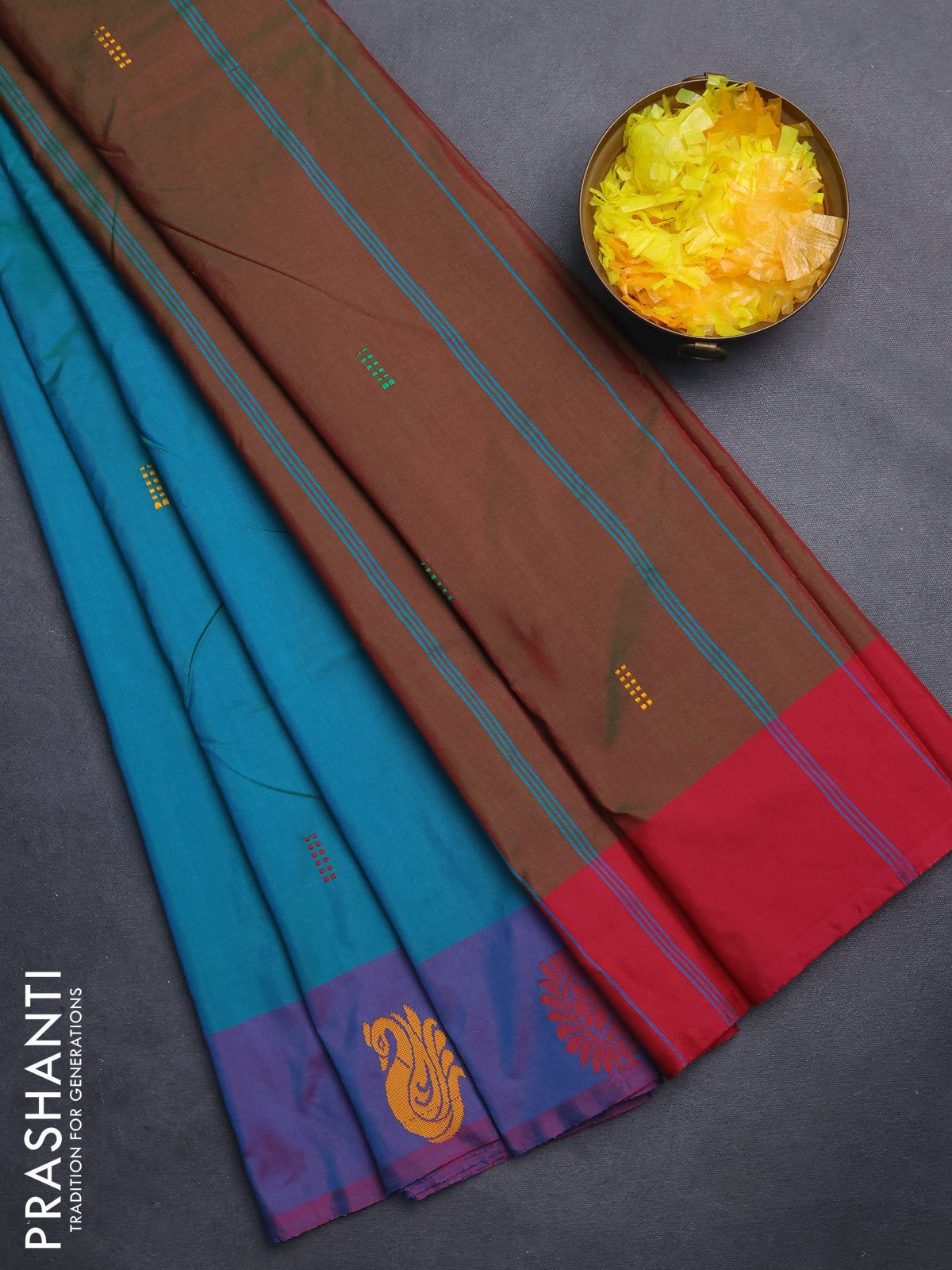 Arani semi silk saree dual shade of teal green and maroon with thread woven buttas and thread woven butta border