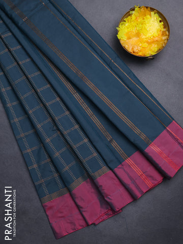 Arani semi silk saree peacock green and magenat pink with allover copper zari checked pattern and copper zari woven simple border