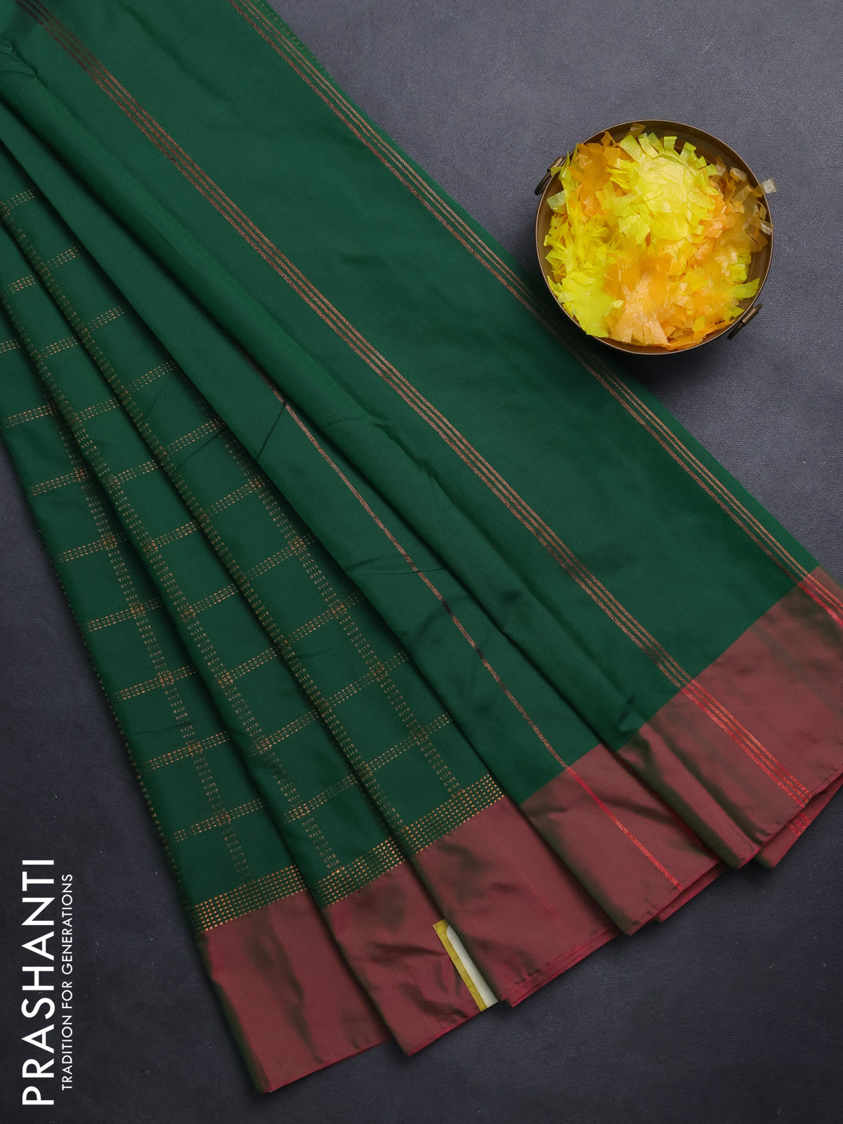Arani semi silk saree green and dual shade of pink with allover copper zari checked pattern and copper zari woven simple border