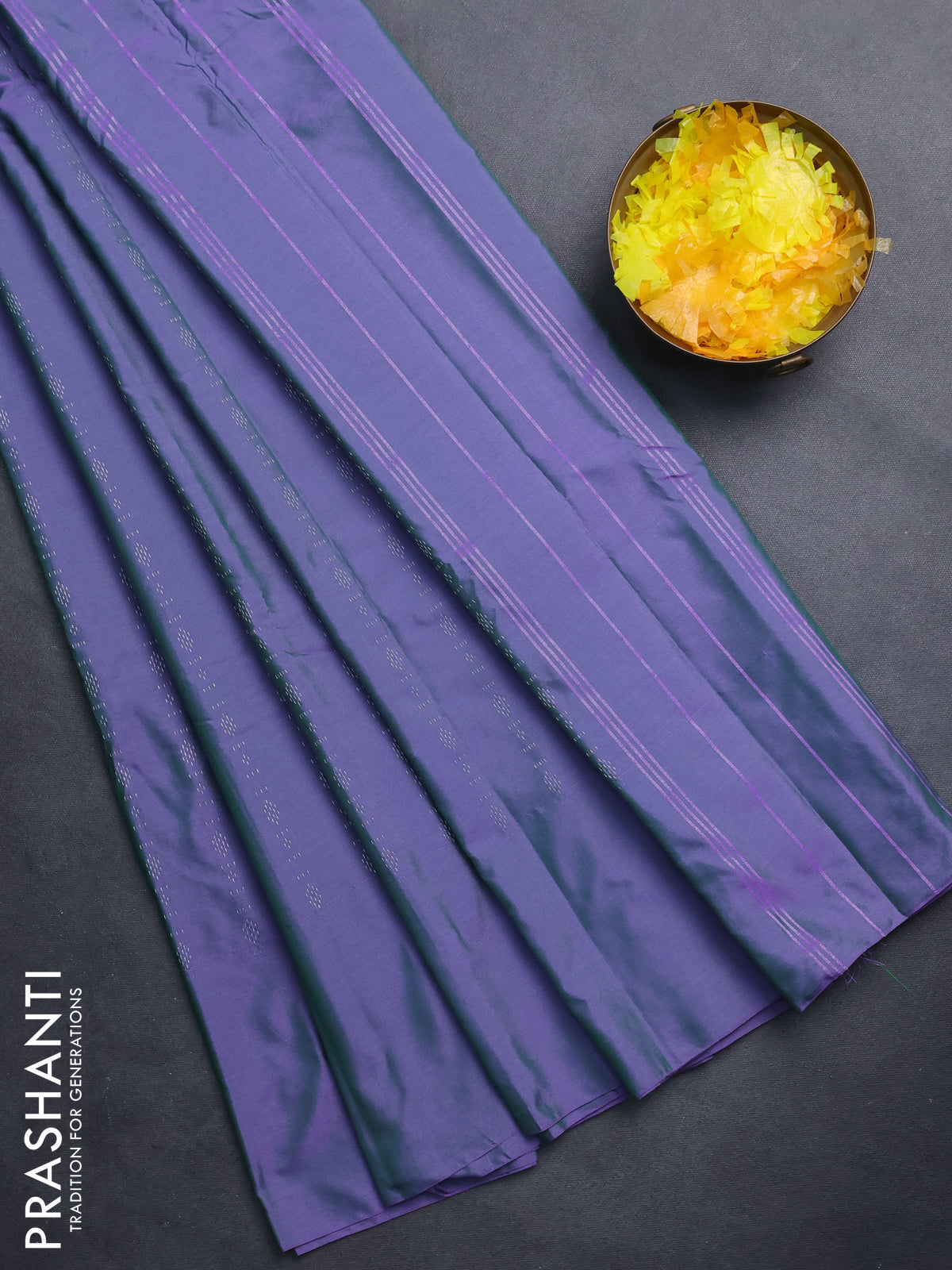 Arani semi silk saree dual shade of greenish violet with allover silver zari weaves in borderless style