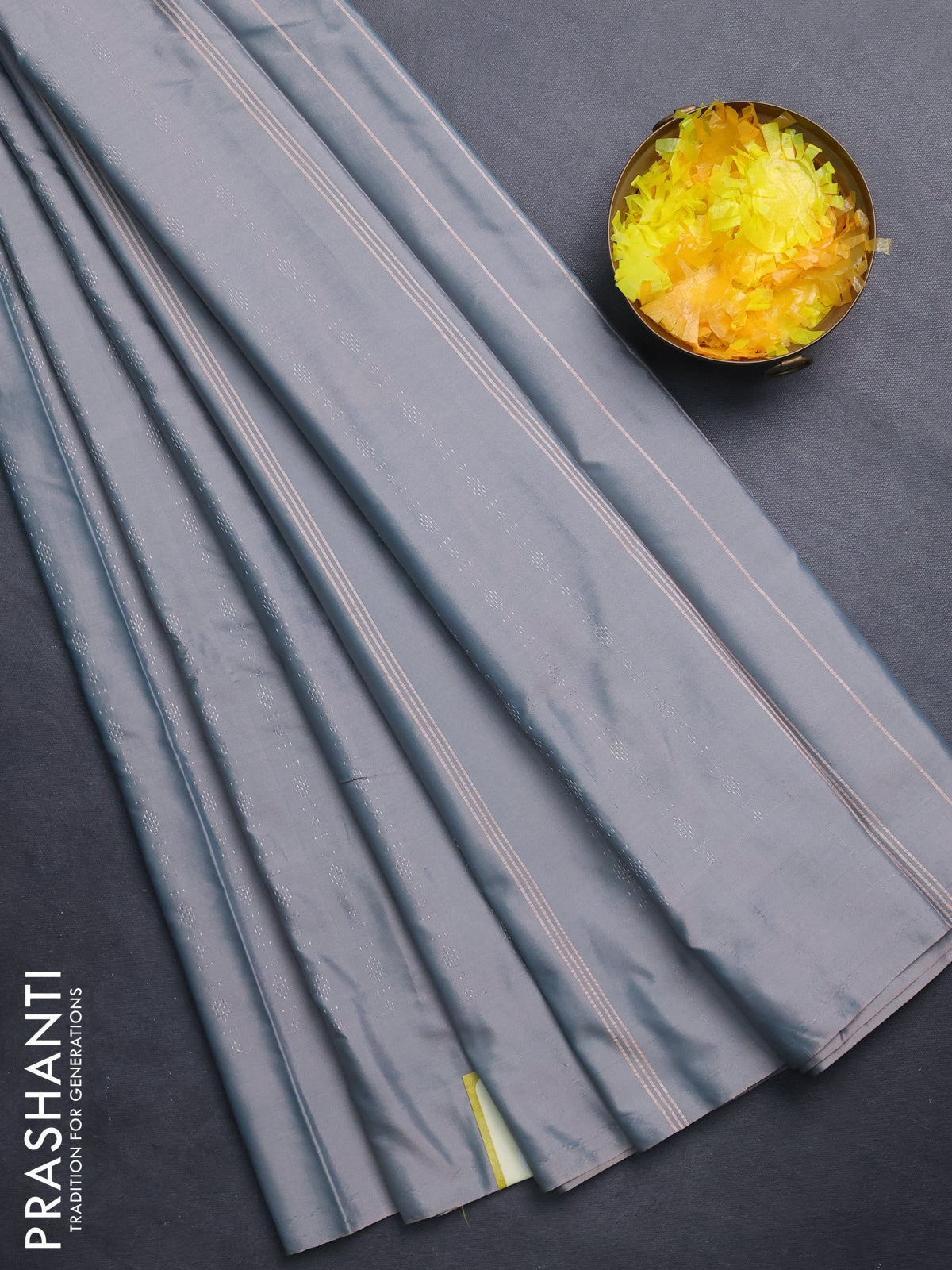 Arani semi silk saree dual shade of grey with allover silver zari weaves in borderless style