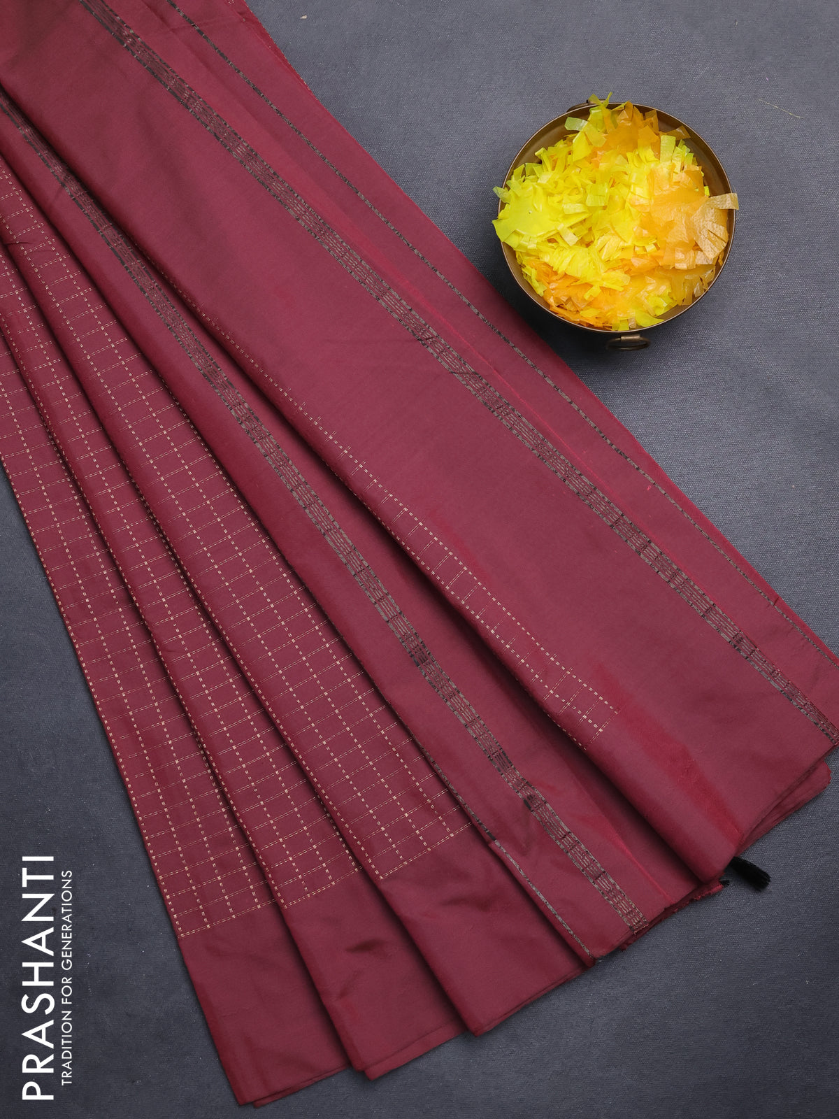 Arani semi silk saree maroon with allover copper zari woven checks in borderless style