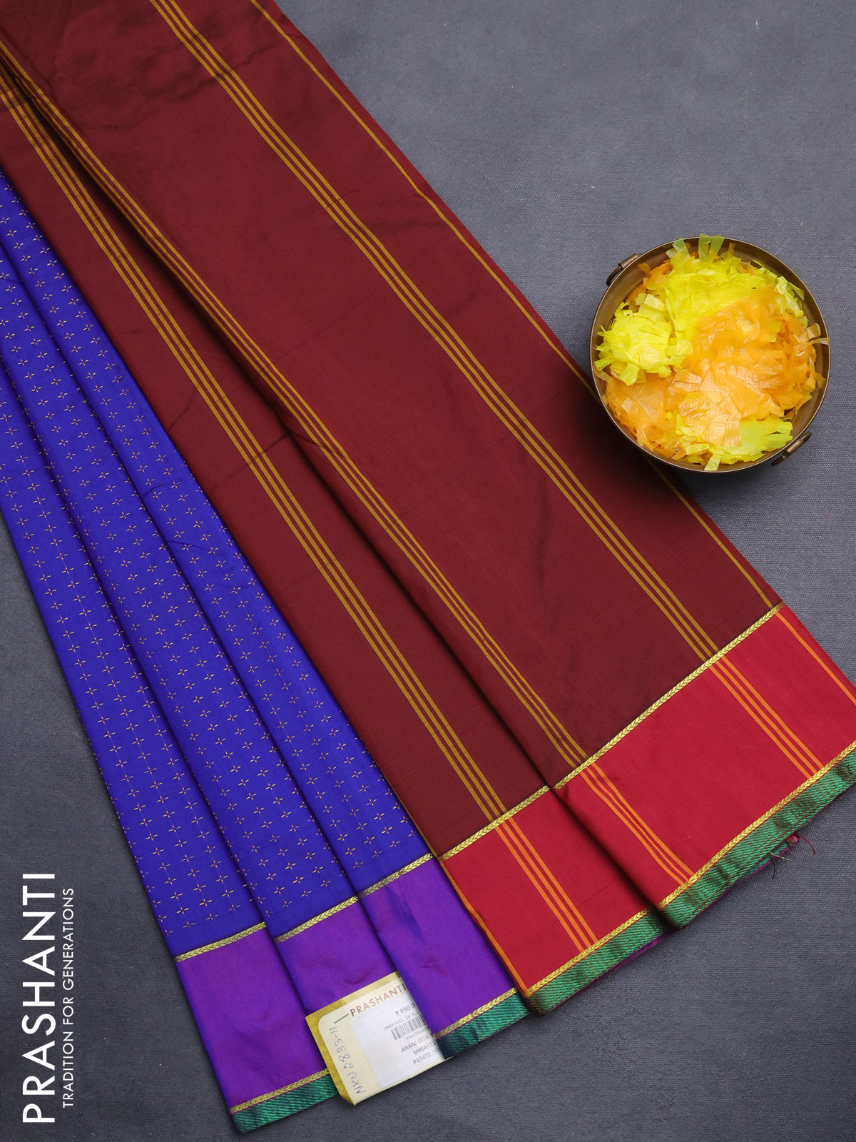 Arani semi silk saree blue and purple with allover thread weaves and rettapet zari woven border`