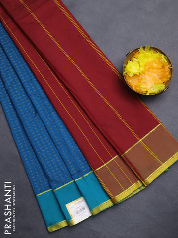 Arani semi silk saree peacock blue and maroon with allover thread weaves and rettapet zari woven border`
