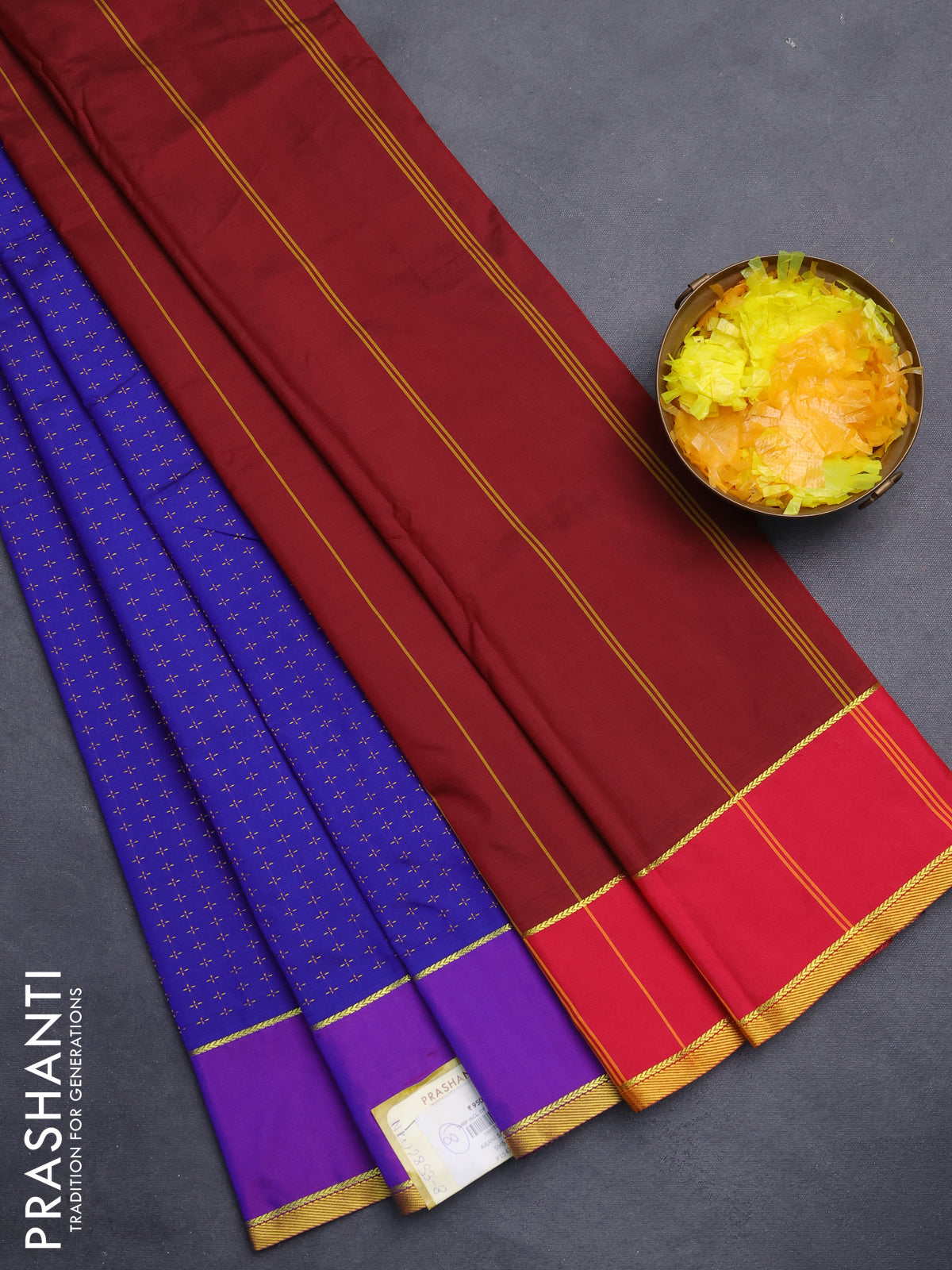 Arani semi silk saree blue and purple with allover thread weaves and rettapet zari woven border`