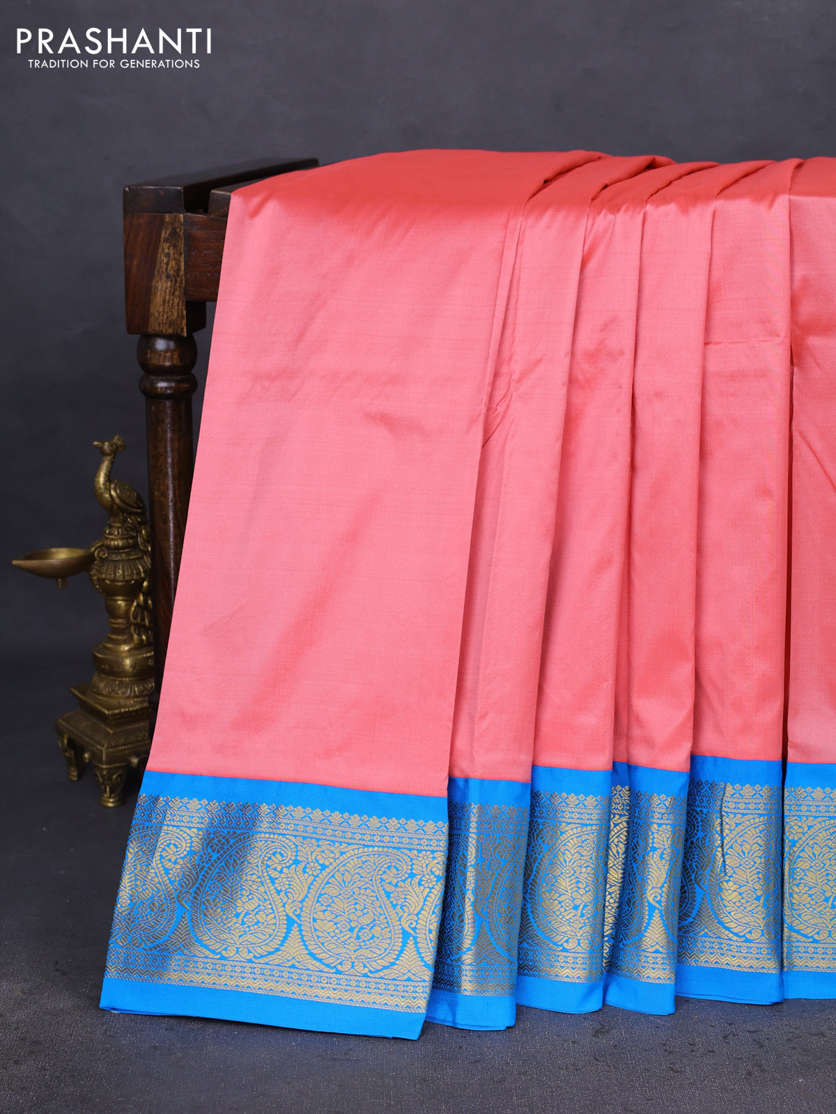10 Yards silk saree peach pink and cs blue with plain body and zari woven border