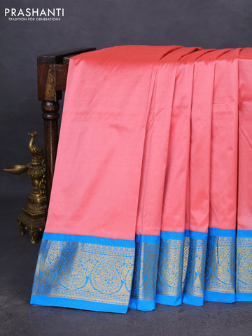 10 Yards silk saree peach pink and cs blue with plain body and zari woven border