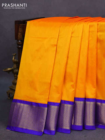 10 Yards silk saree mango yellow and blue with plain body and zari woven border
