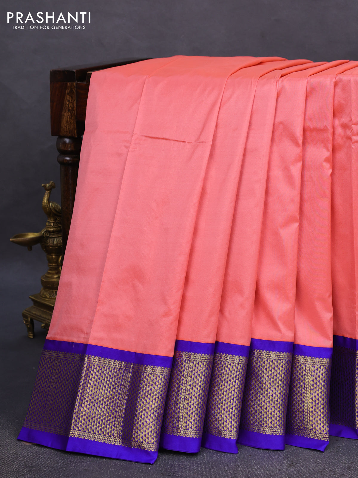 10 Yards silk saree peach pink and blue with plain body and zari woven border